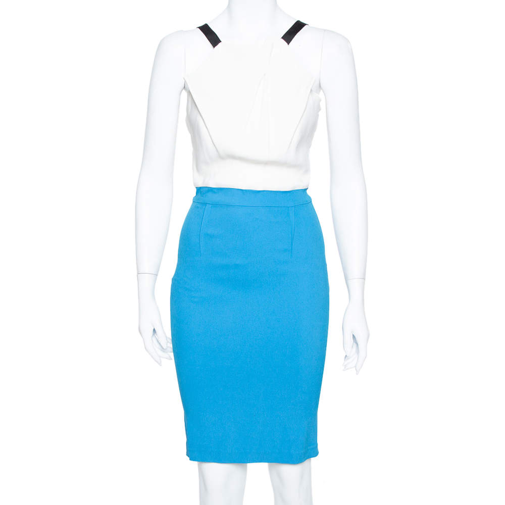 Pre Owned Roland Mouret Limited Edition Blue & White Crepe Sleeveless Sheath Dress M
