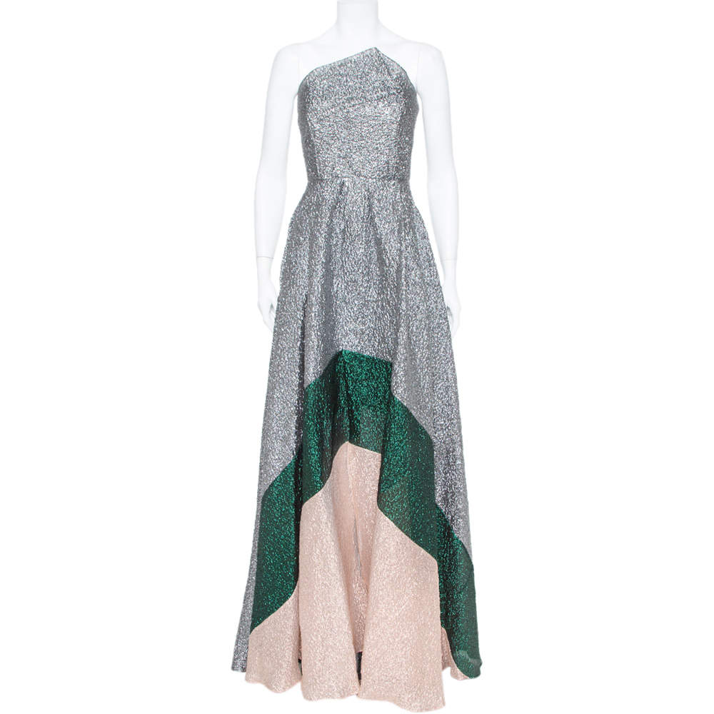 Roland Mouret Silver Crushed Organza Silk Panelled Strapless Lucia Gown M