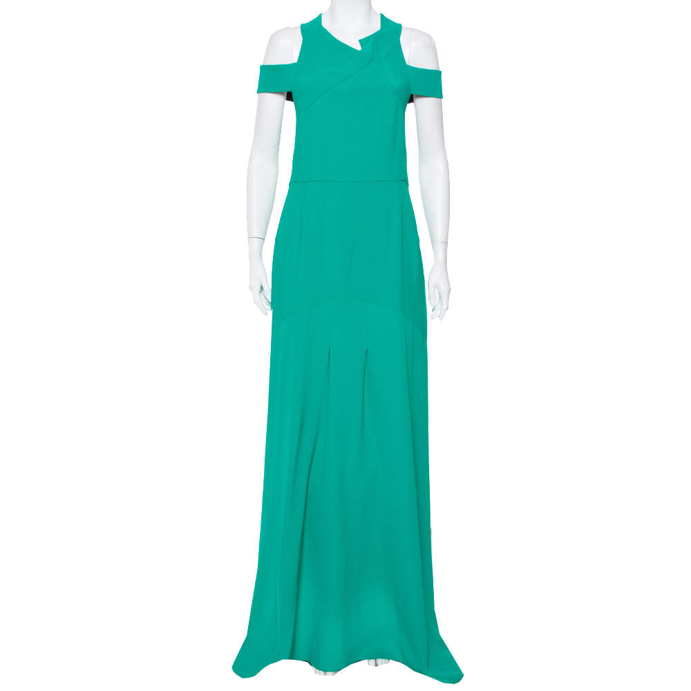 فستان رولان دوريه طويل أكتاف مكشوفة مزين تفريغات كريب أخضر مقاس كبير جداً (اكس لارج)