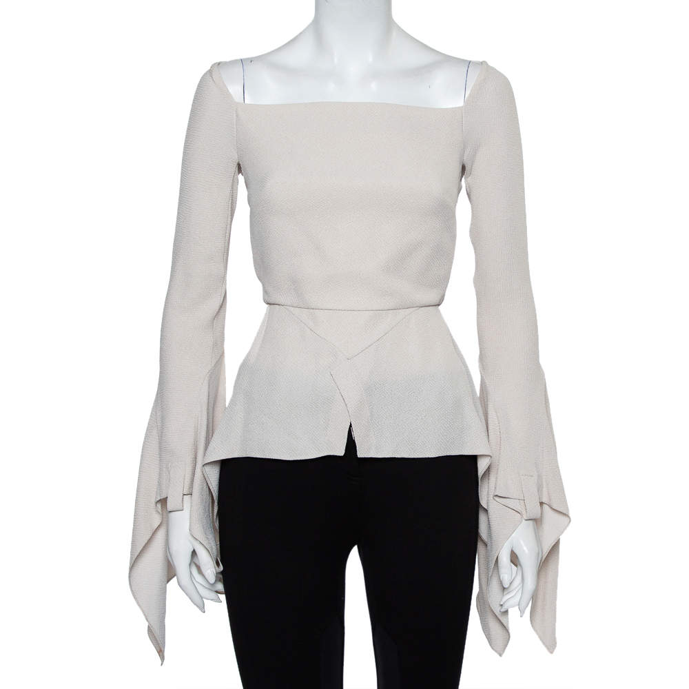 Roland Mouret Beige Textured Crepe Wicklow Angular Peplum Top S