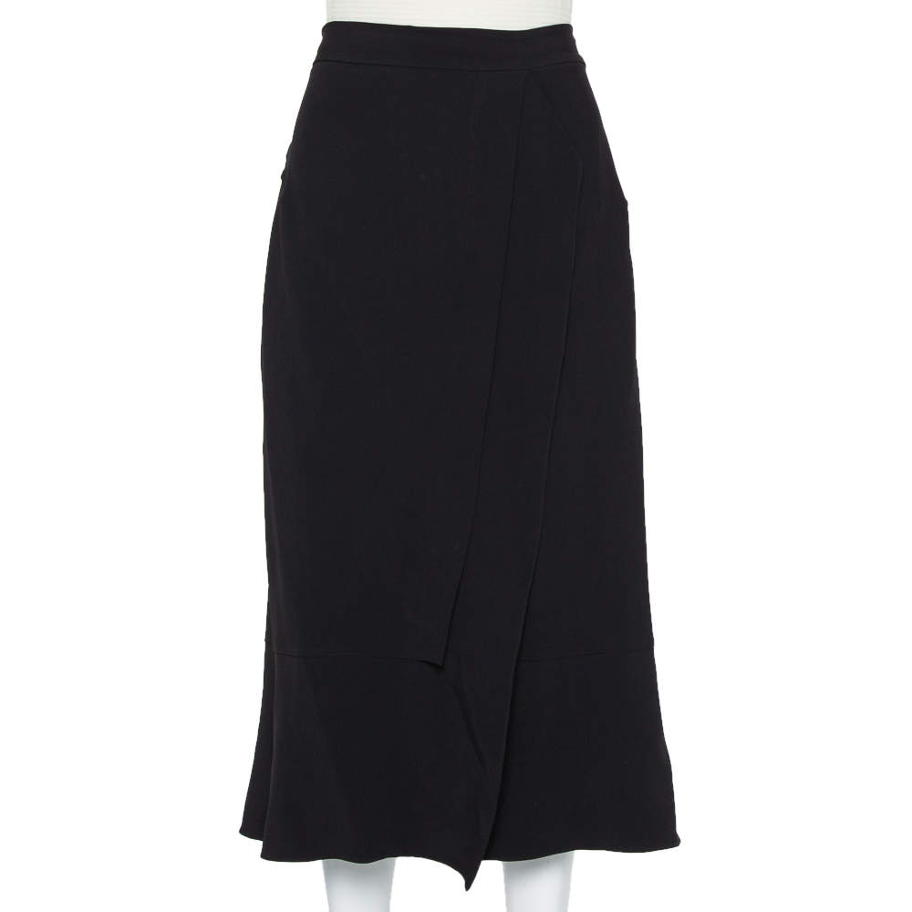Pre Owned Roland Mouret Black Crepe Ruffled Faux Wrap Midi Skirt XL