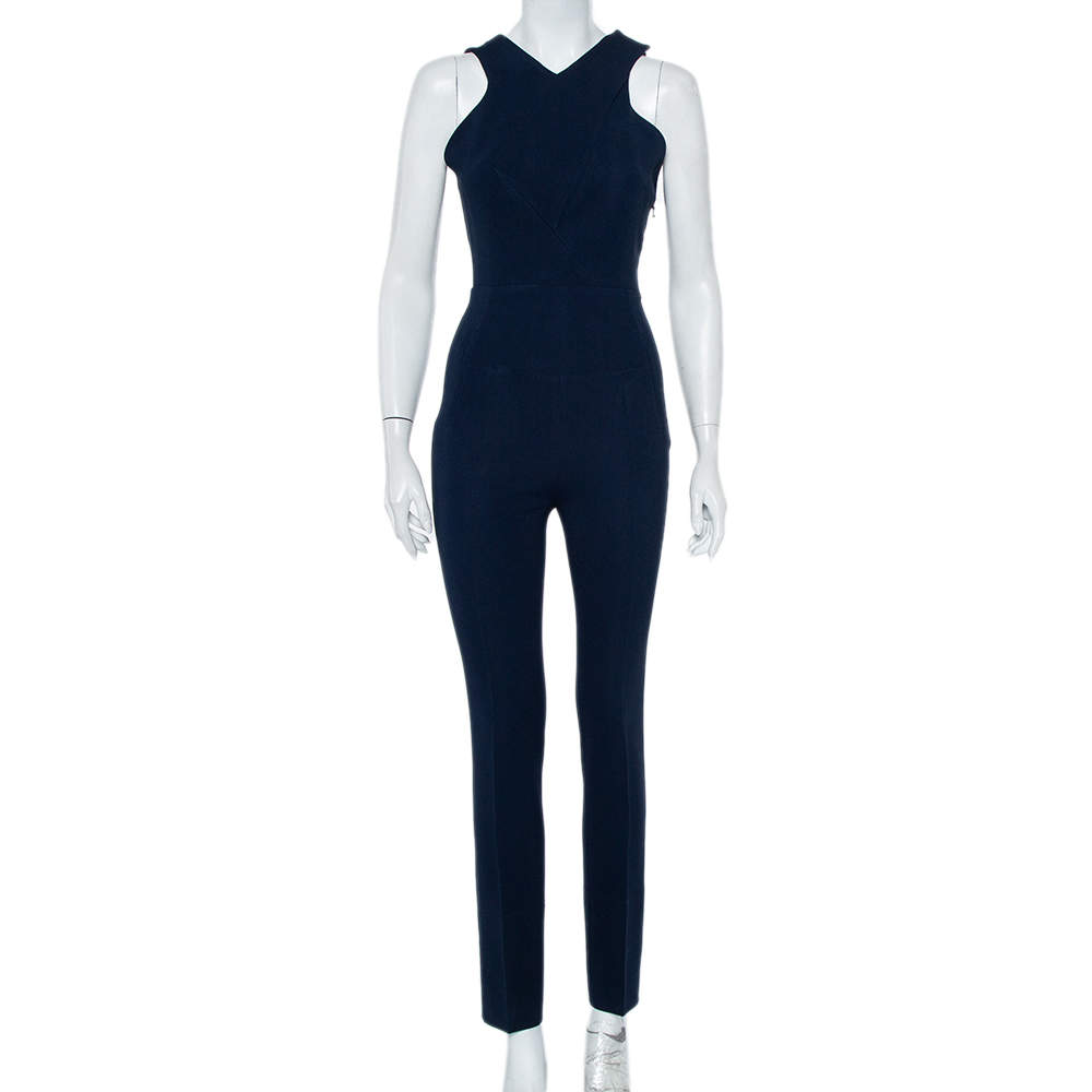 Pre Owned Roland Mouret Navy Blue Crepe Criss Cross Back Detail Sleeveless Jumpsuit S