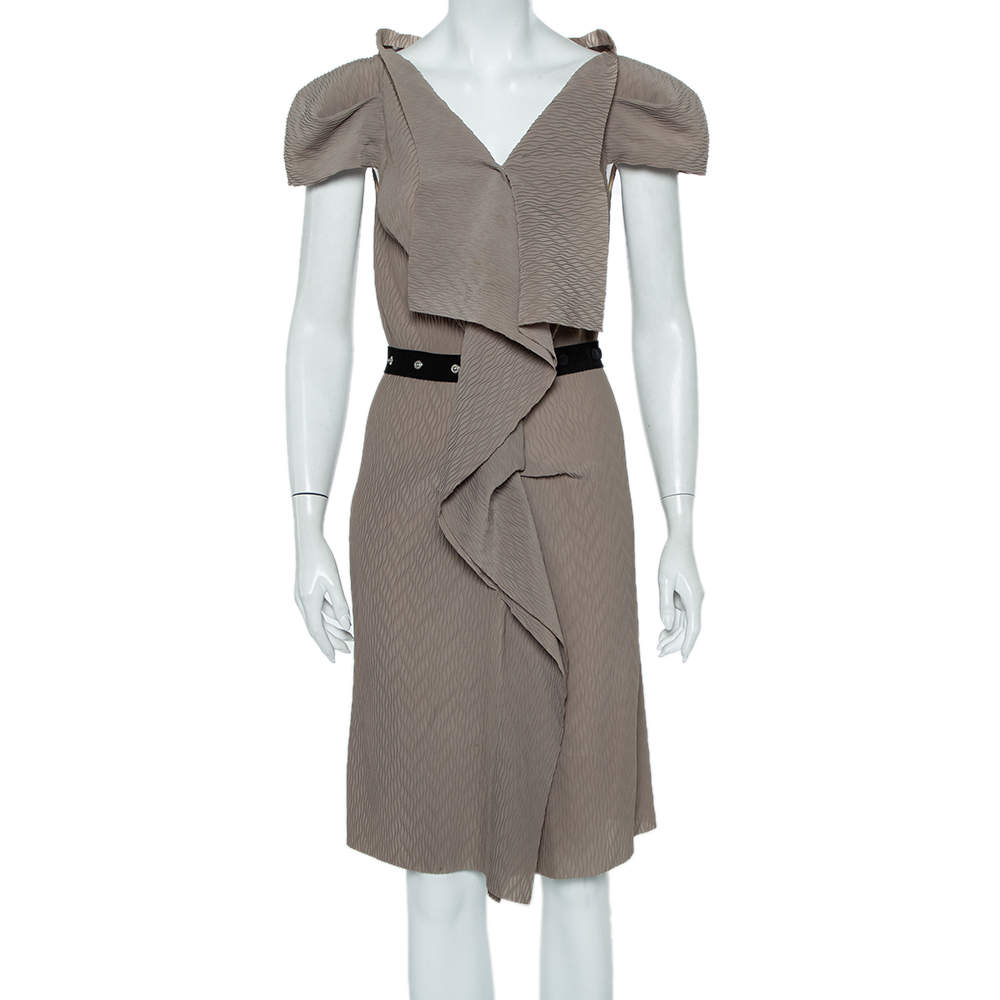 Pre Owned Roland Mouret Beige Crepe Draped Effect Belted Midi Dress M