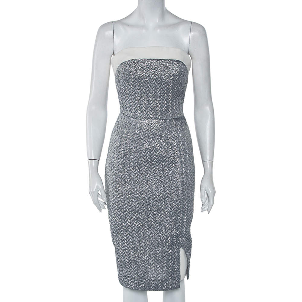 Pre Owned Roland Mouret Silver Embossed Lurex Strapless Ambrose Dress S