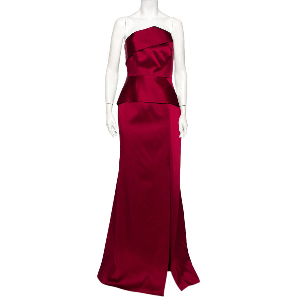 Pre Owned Roland Mouret Burgundy Sateen Draped Detail Addover Strapless Gown M