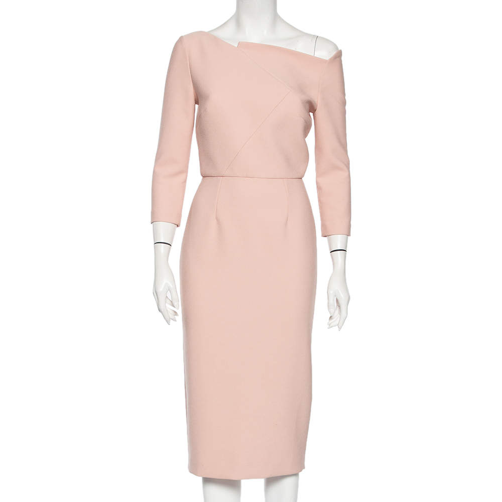 Pre Owned Roland Mouret Pink Crepe Asymmetric Neck Detail Midi Dress M