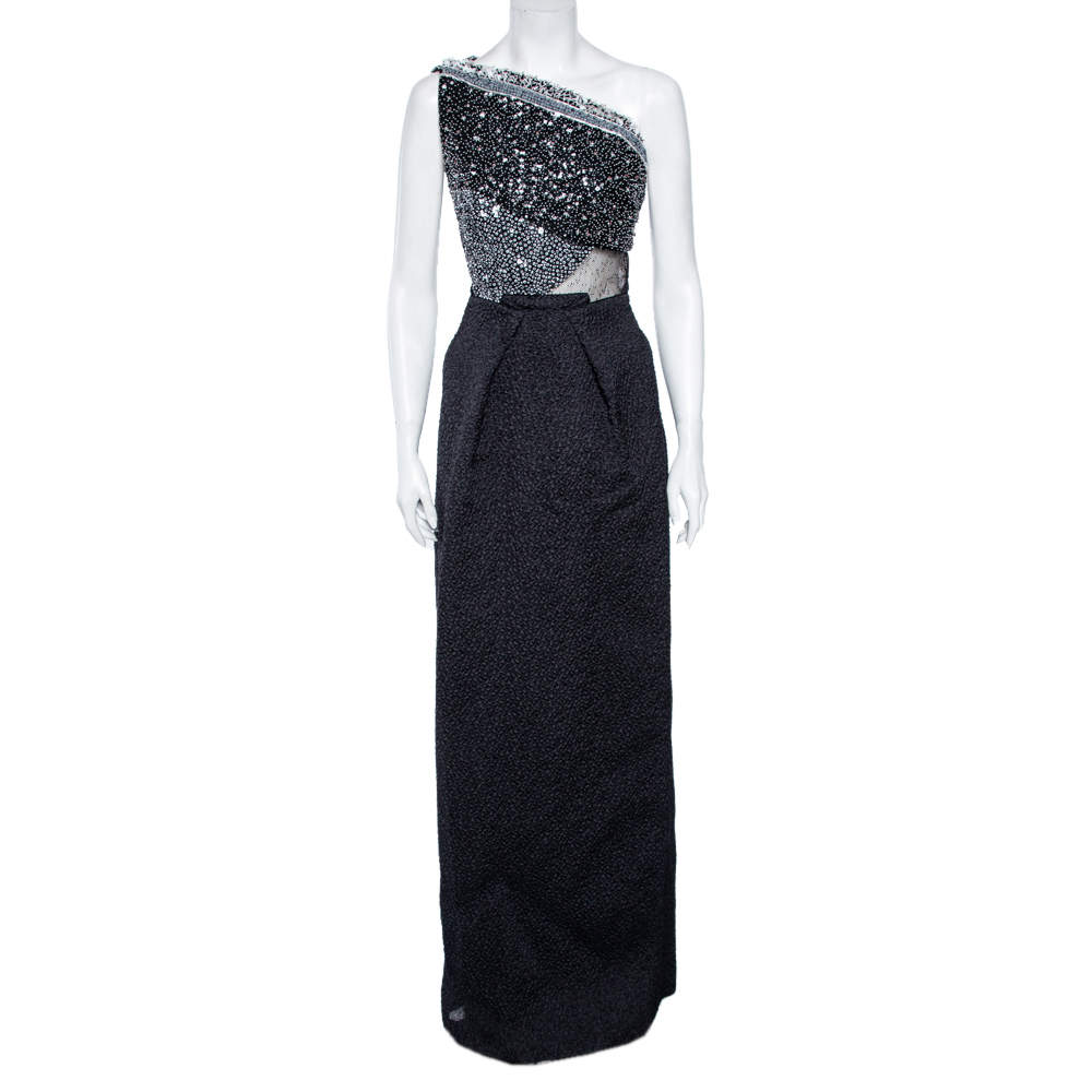 Pre Owned Roland Mouret Black Embellished Silk One-Shoulder Cocktail Gown M 