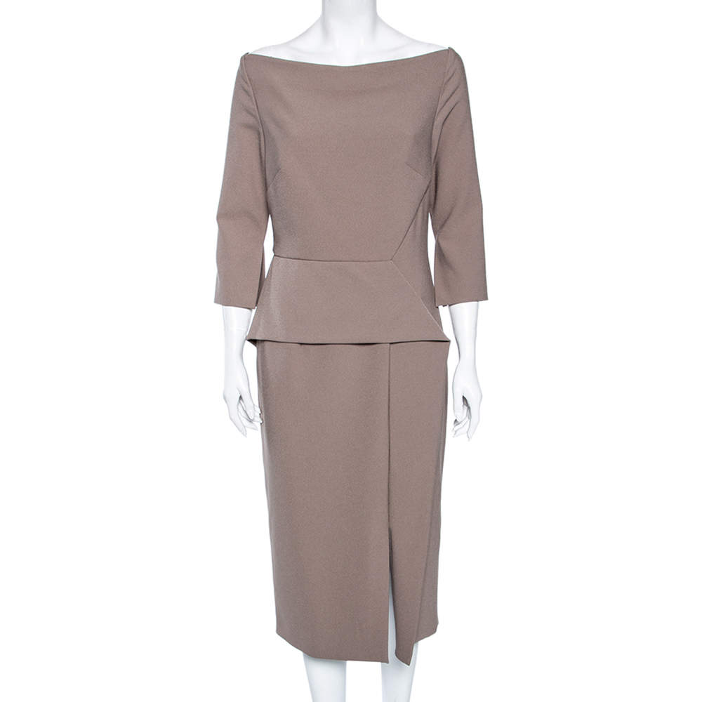 Pre Owned Roland Mouret Taupe Crepe Overlay Detailed Midi Dress L
