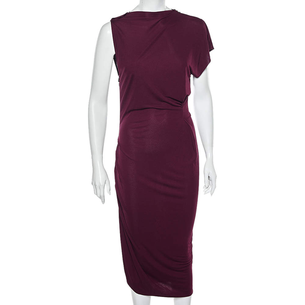 Pre Owned Roland Mouret Magenta Jersey Draped Detail Midi Dress L