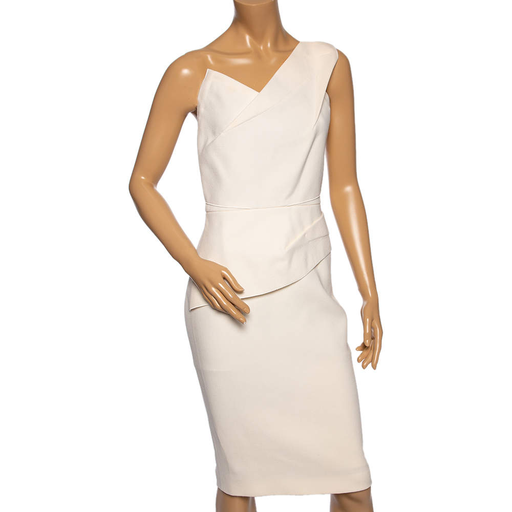Pre Owned Roland Mouret Cream Wool One-Shoulder Midi Dress M