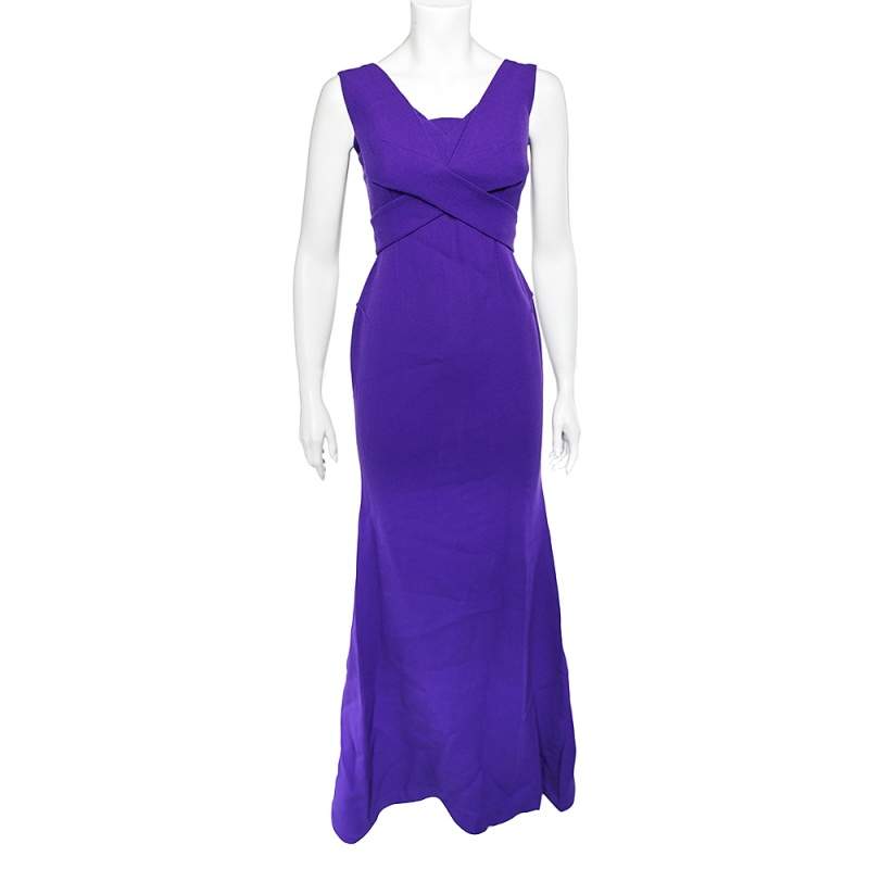 Pre Owned Roland Mouret Purple Wool Crepe Draped Sleeveless Gown M