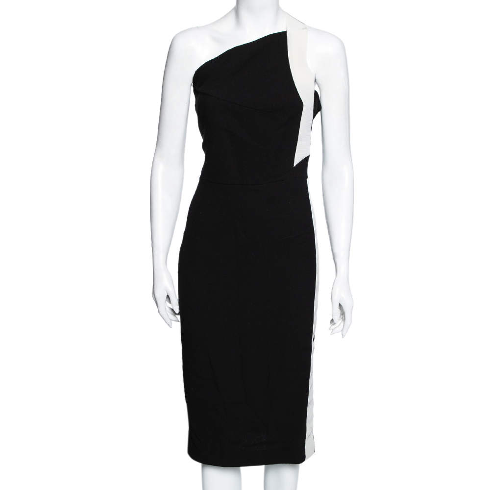 Pre Owned Roland Mouret Black Textured Wool Asymmetrical One Shoulder Dress M