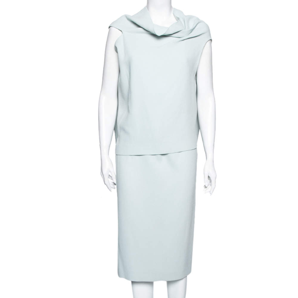 Pre Owned Roland Mouret Mint Green Wool Back Ruffle Detailed Top Skirt Suits M