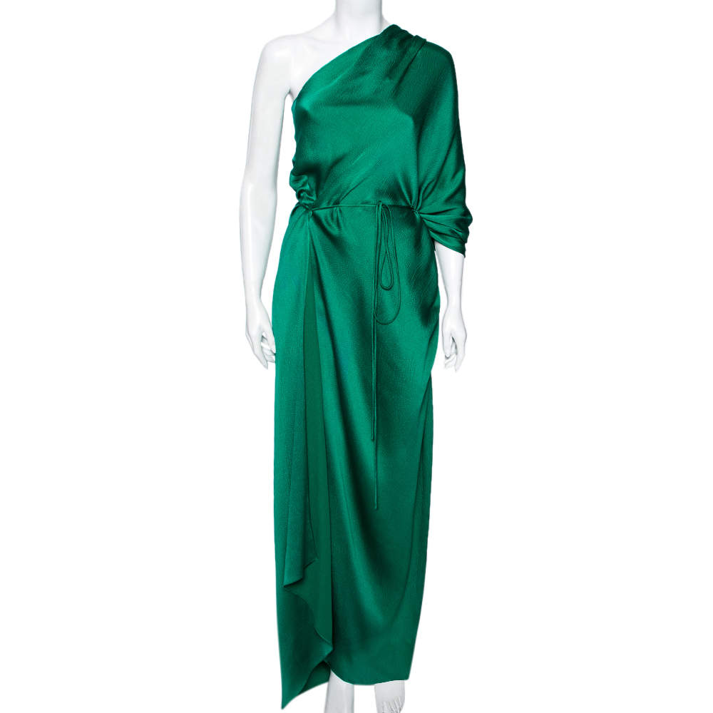 Pre Owned Roland Mouret Green Textured Silk Draped Side Slit Dresses S