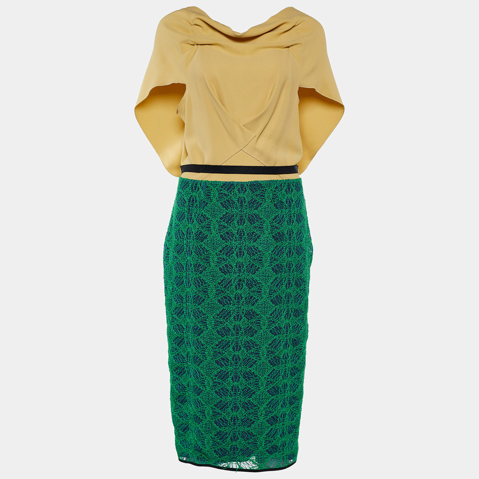 Pre Owned Roland Mouret Beige Crepe Contrast Embroidered Tulle Avalon Dress L