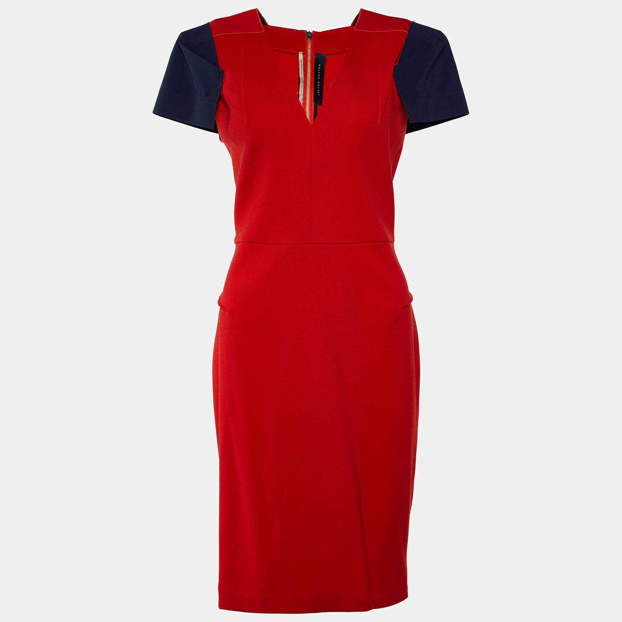 Pre Owned Roland Mouret Red/Blue Wool Colorblock Pattern Dress L