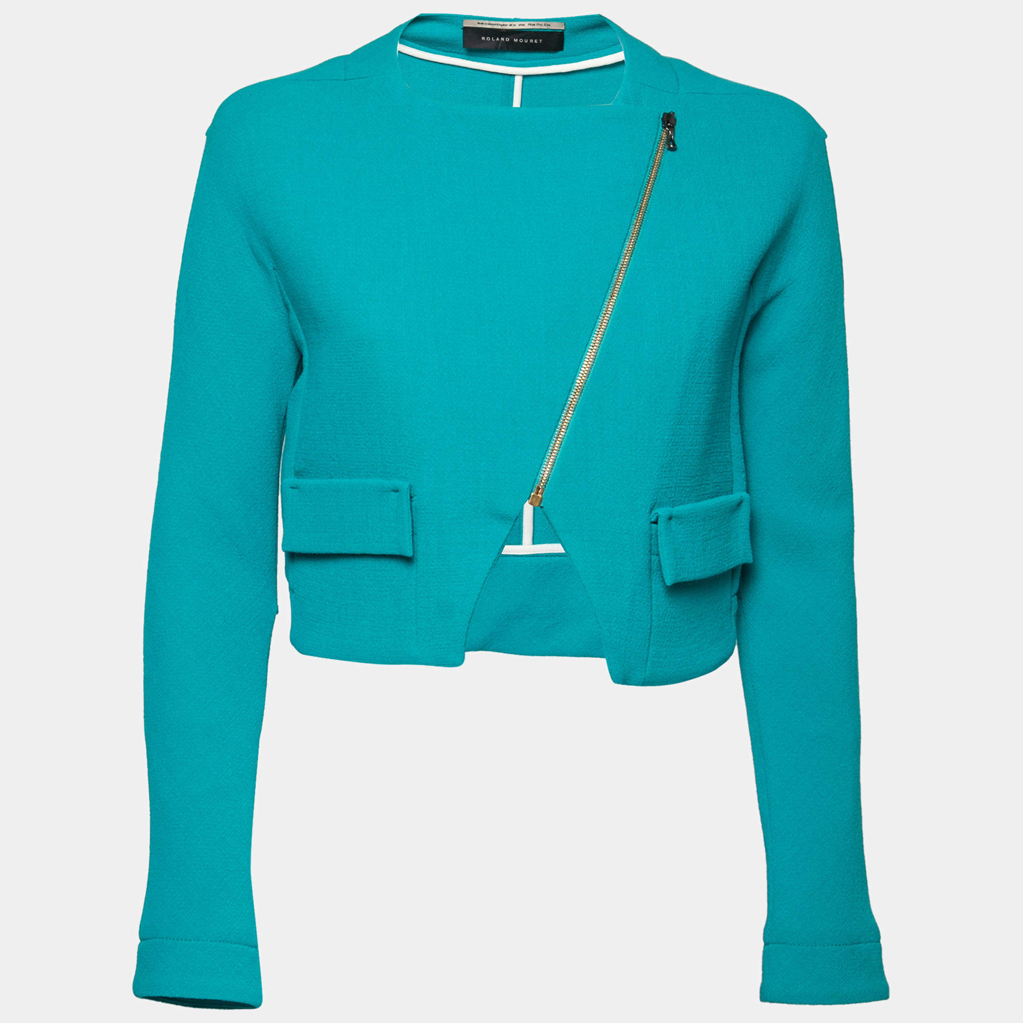 Roland Mouret Turquoise Blue Wool Zip Front Cropped Jacket M