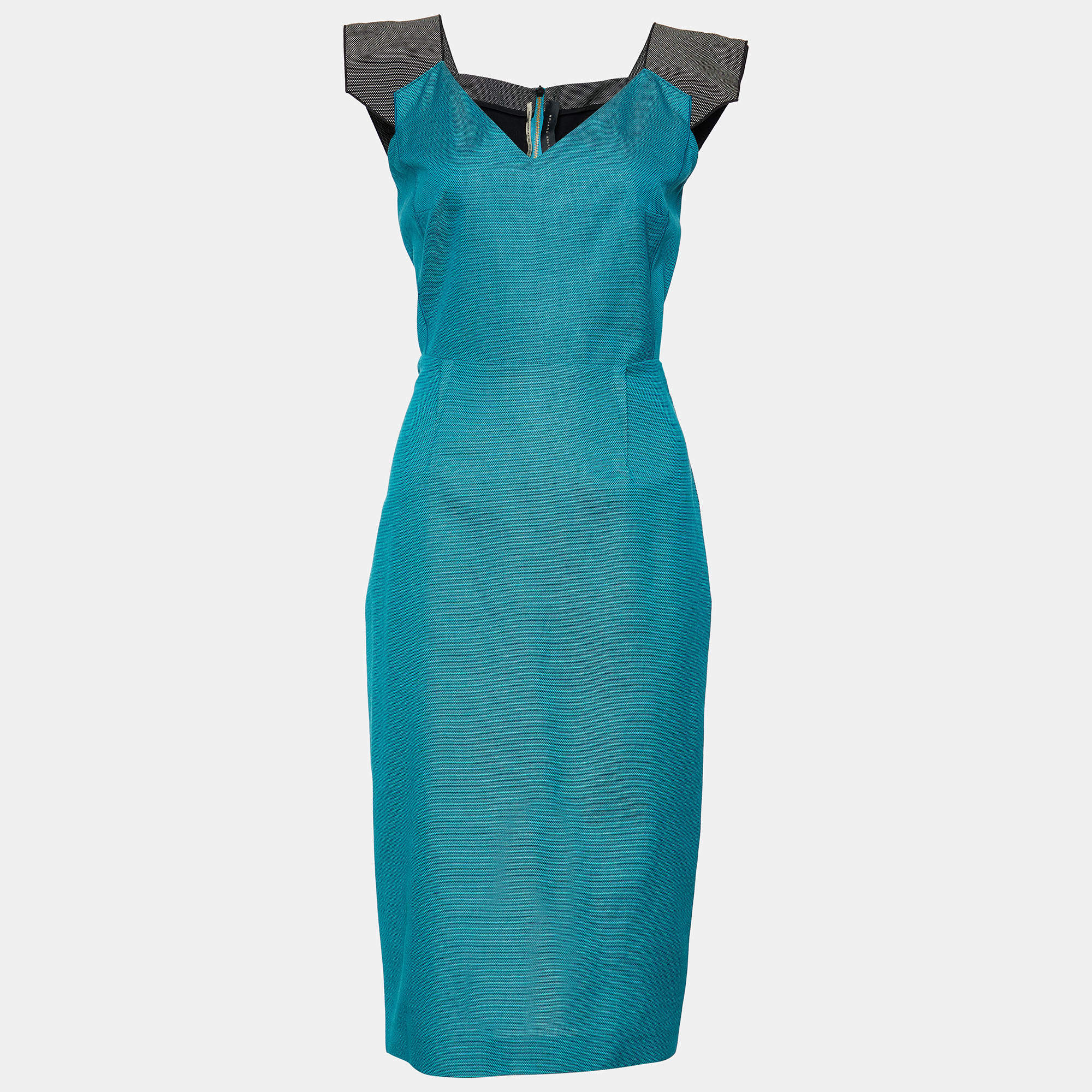 Pre Owned Roland Mouret Turquoise Blue Cotton & Wool Paneled Sheath Dress M
