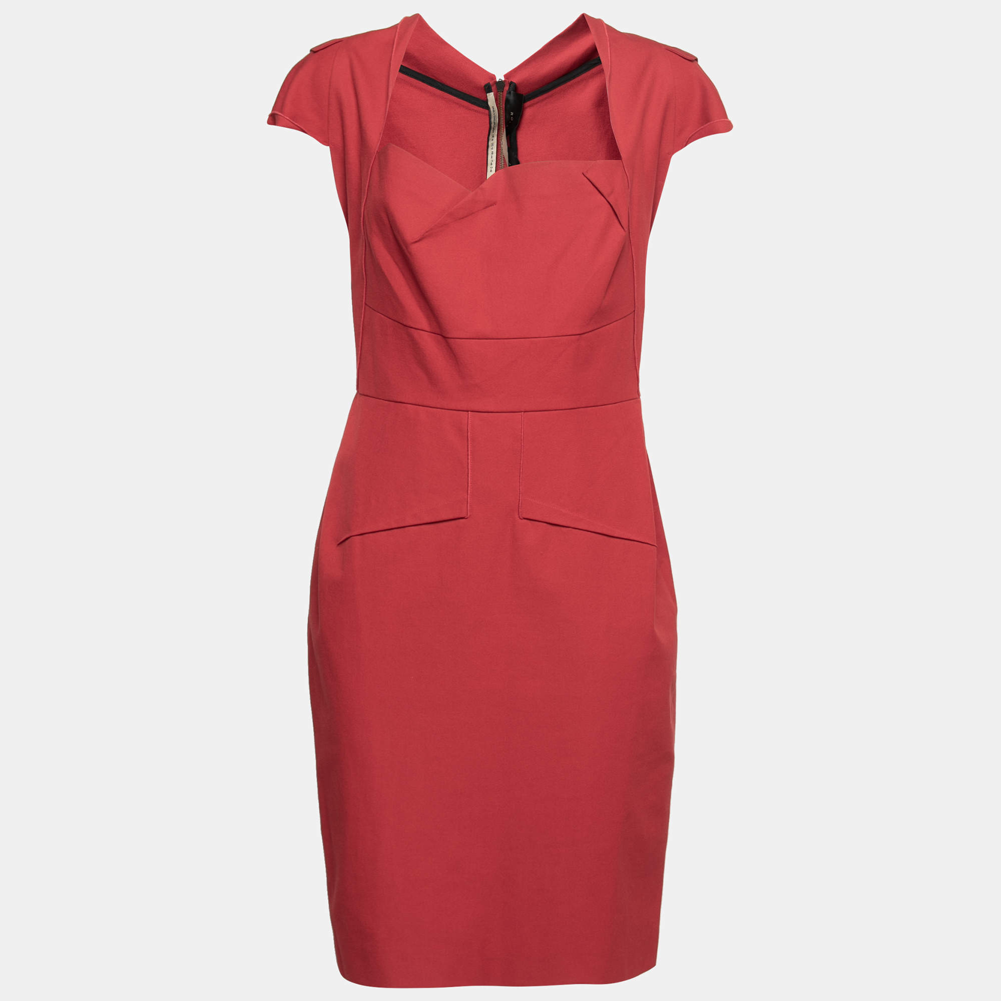 Pre Owned Roland Mouret Red Cotton Folded Shoulder Myrtha Sheath Dress L