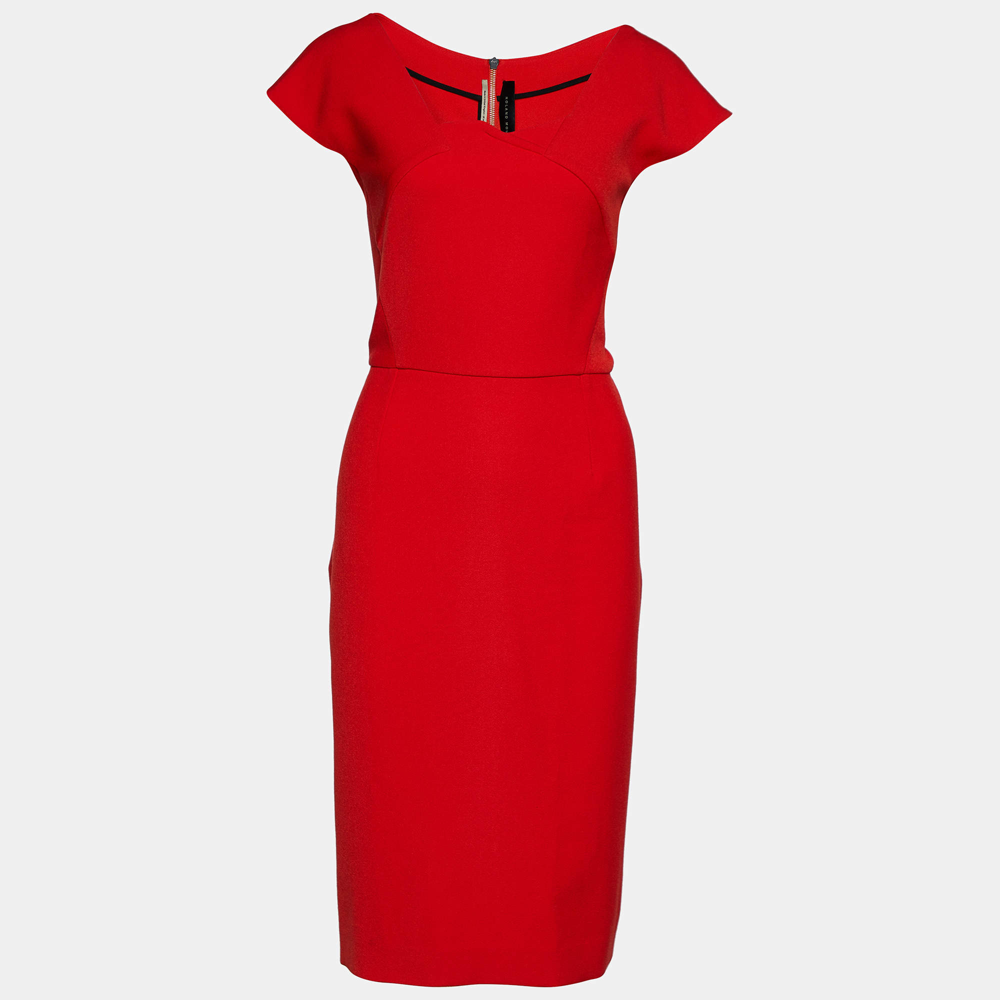 Pre Owned Roland Mouret Red Crepe Cap Sleeve Sheath Dress L