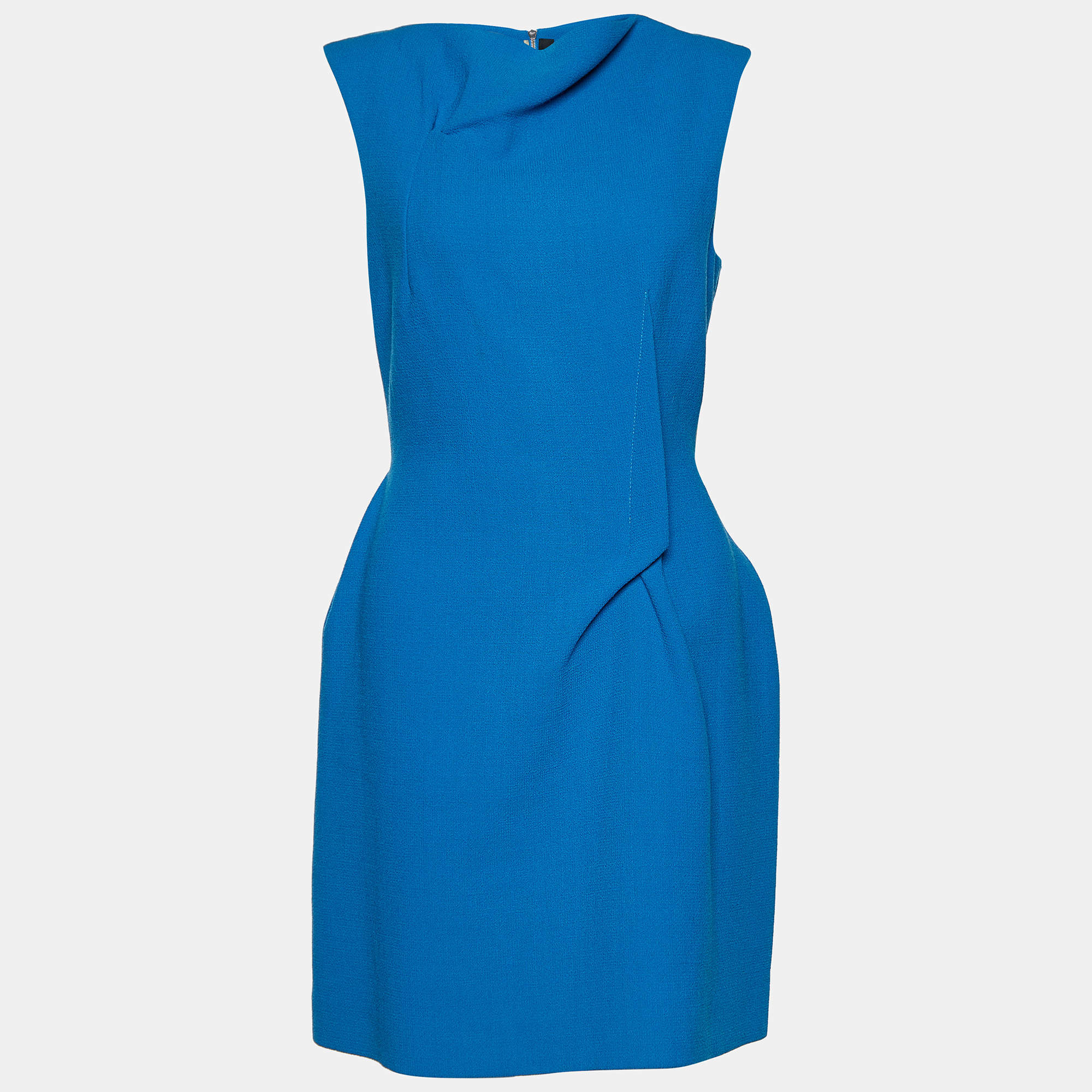 Pre Owned Roland Mouret Blue Wool Crepe Pleat Detail Shift Dress L