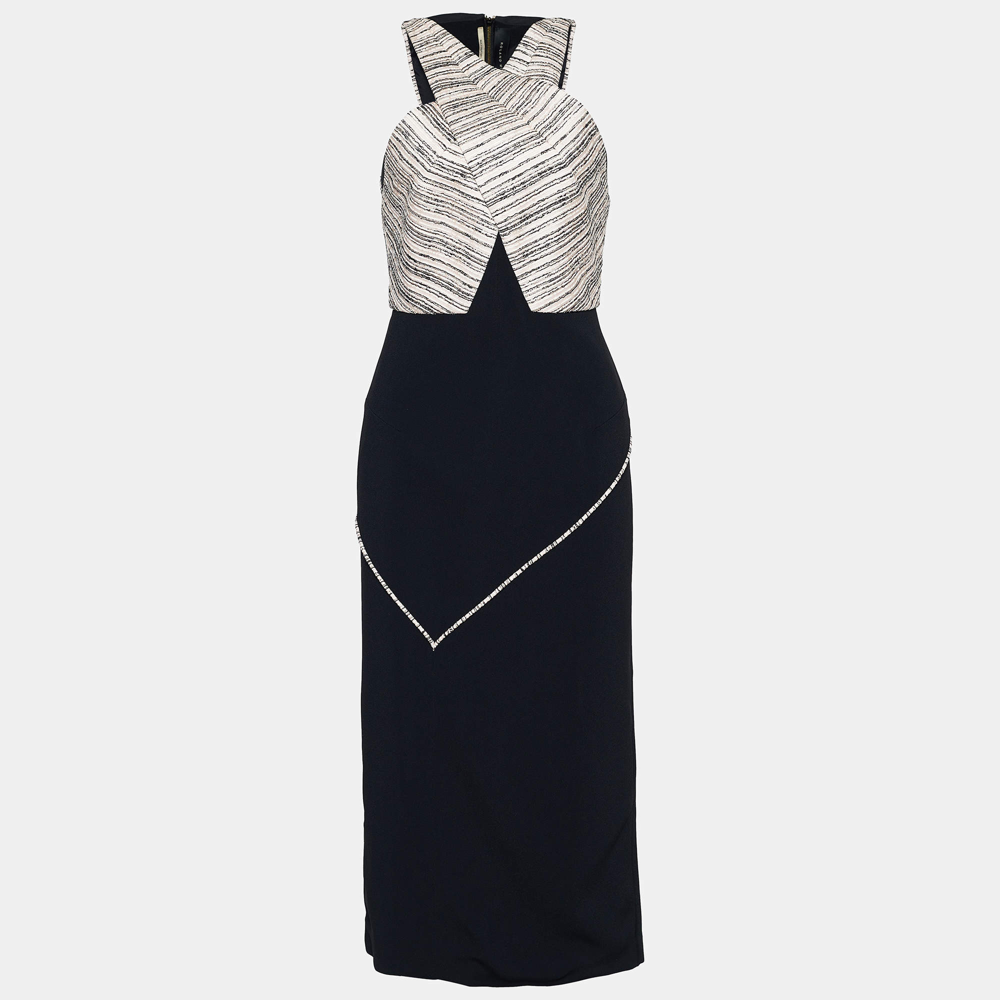 Pre Owned Roland Mouret Black Tweed & Crepe Sleeveless Dress M