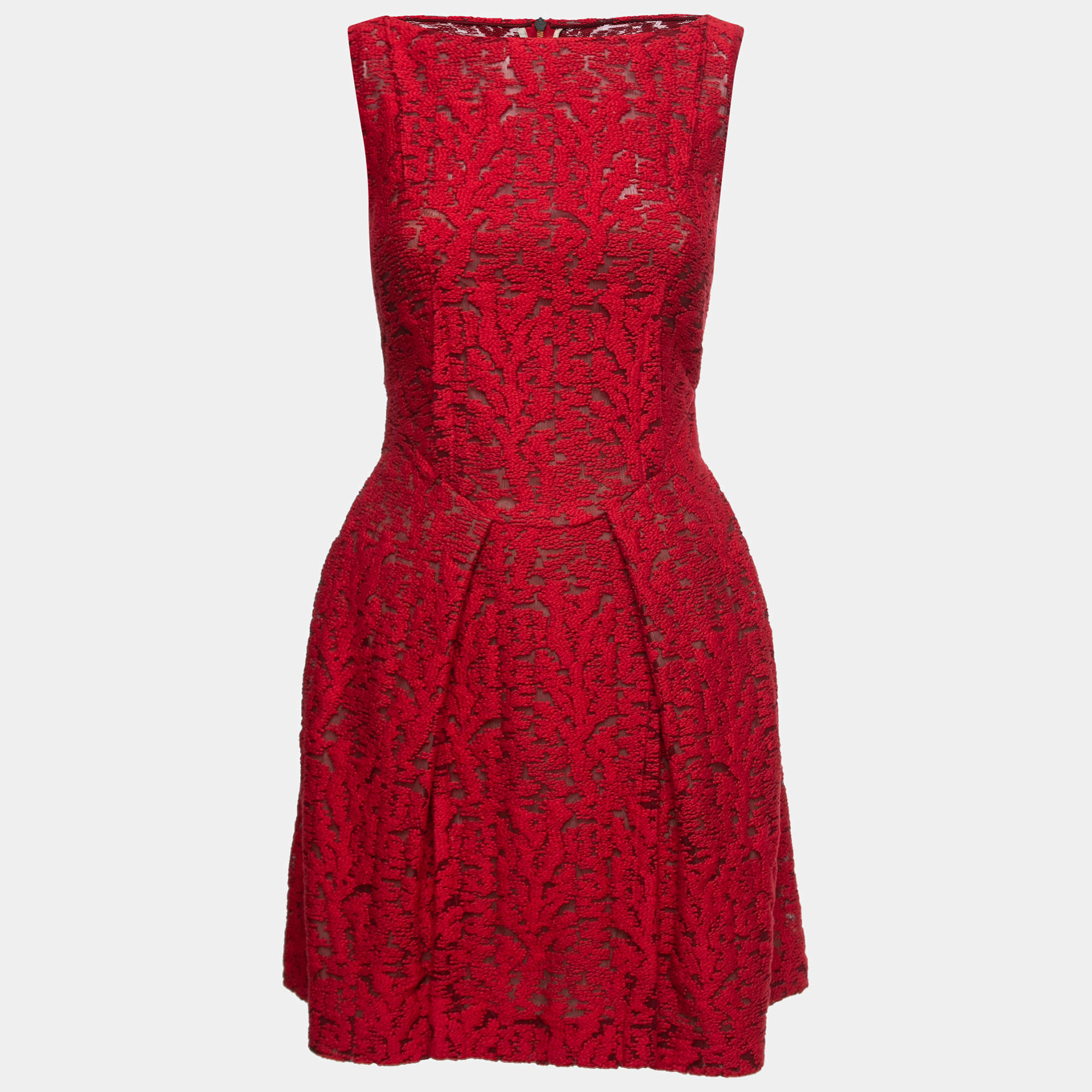 Pre Owned Roland Mouret Red Embroidered Tulle Skater Mini Dress M