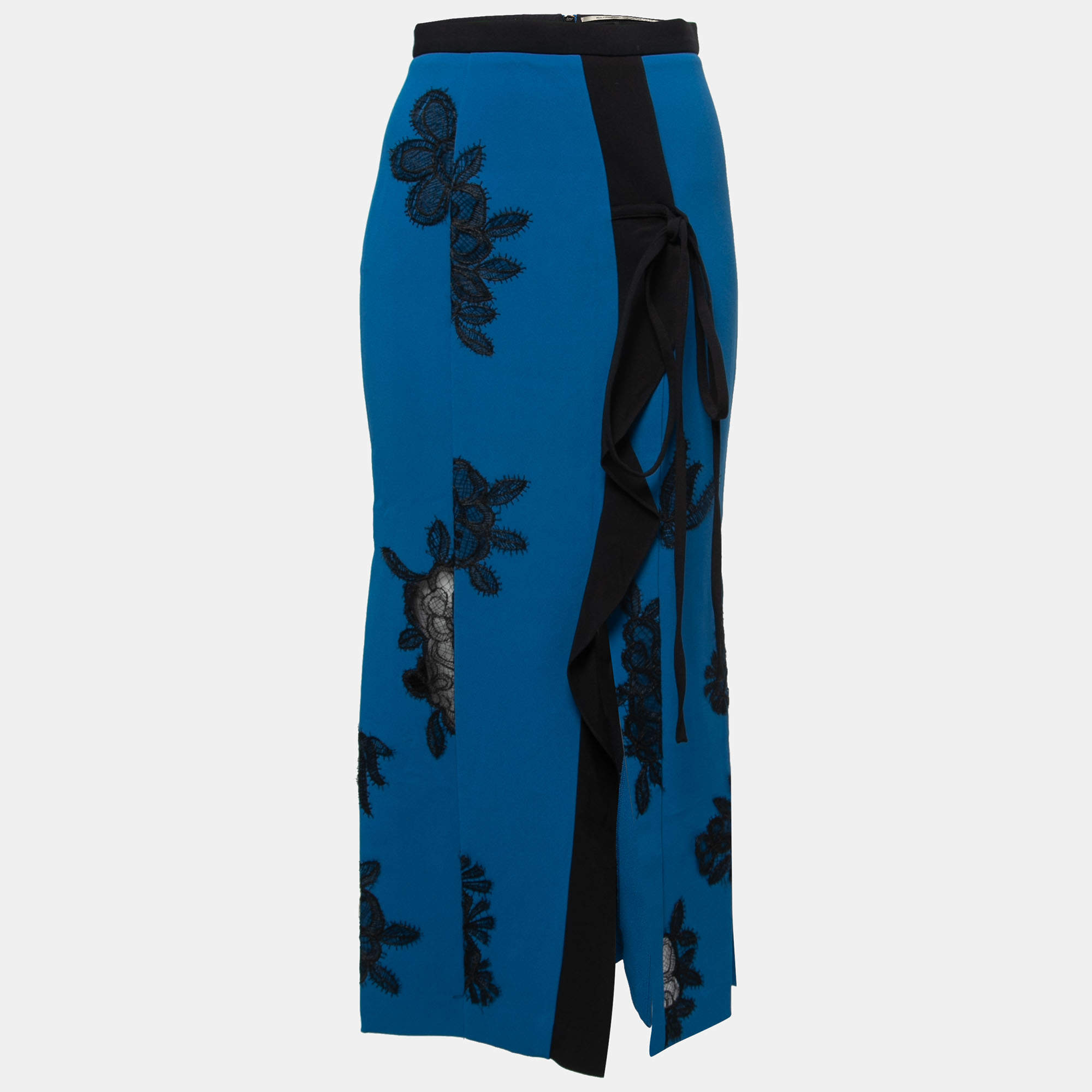 Pre Owned Roland Mouret Blue Crepe Floral Lace Embellished Midi Skirt M