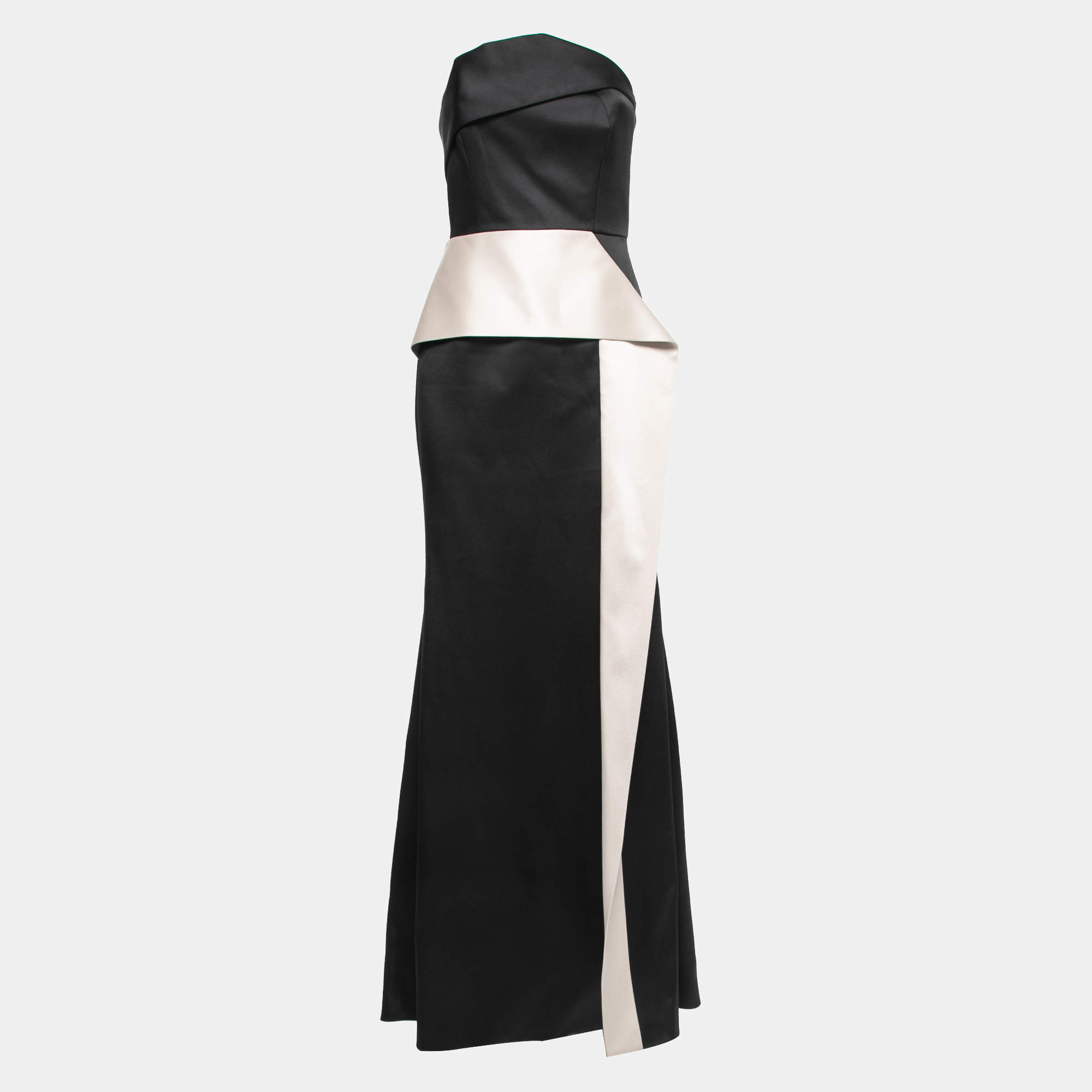 Roland Mouret Black/Cream Duchess Satin Peplum Draped Ruffle Detail Strapless Gown M