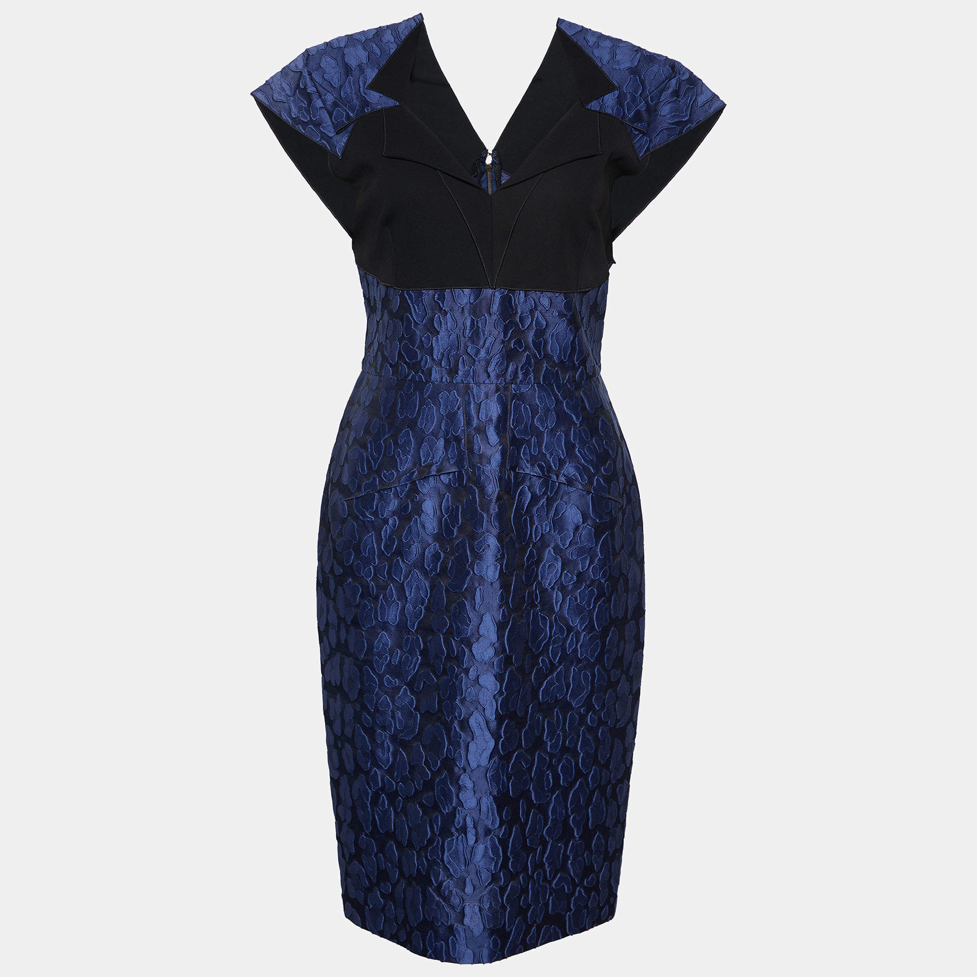 Pre Owned Roland Mouret Navy Blue Mirah Jacquard Cotton Silk Midi Dress S