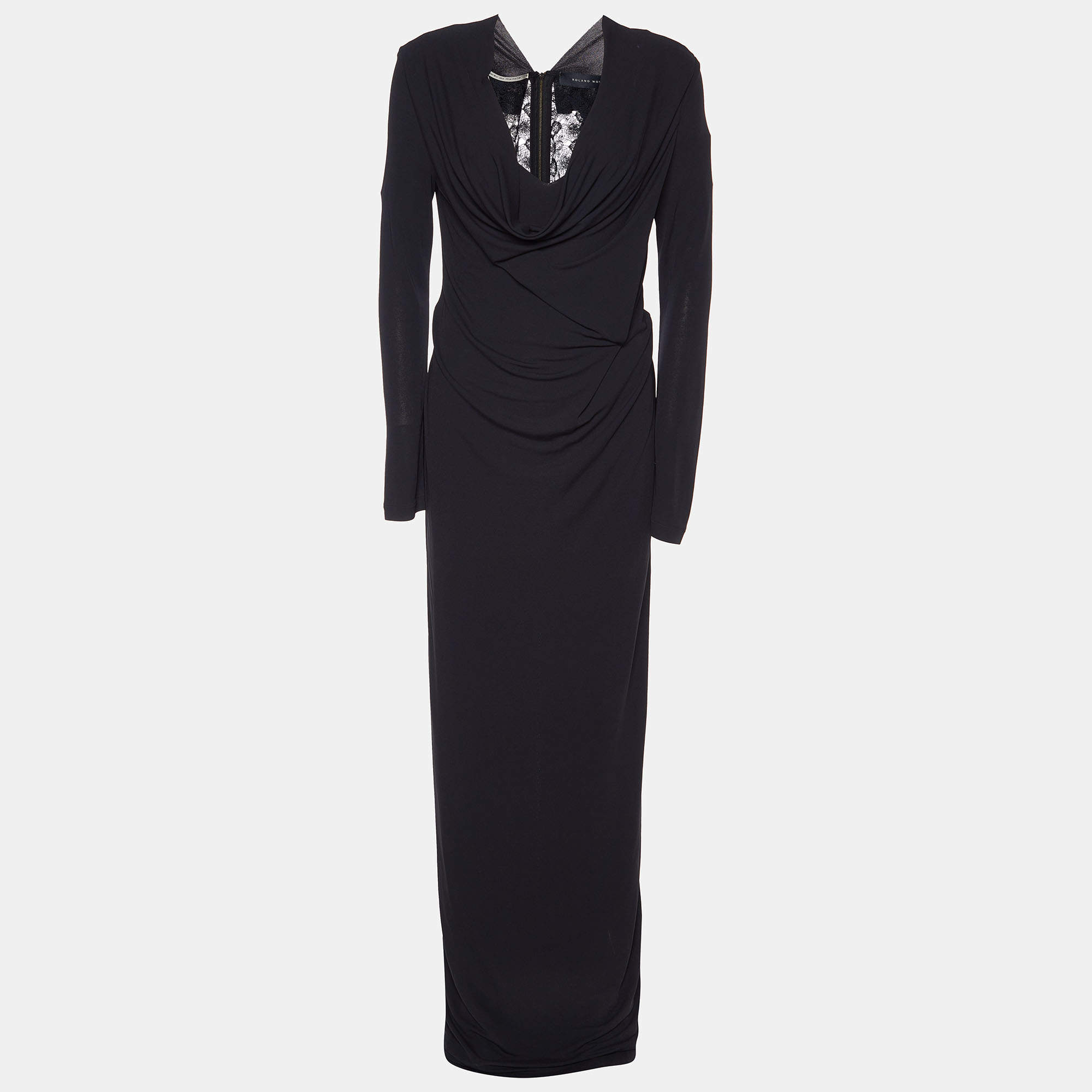 Pre Owned Roland Mouret Black Jersey Draped & Lace Back Maxi Dress M