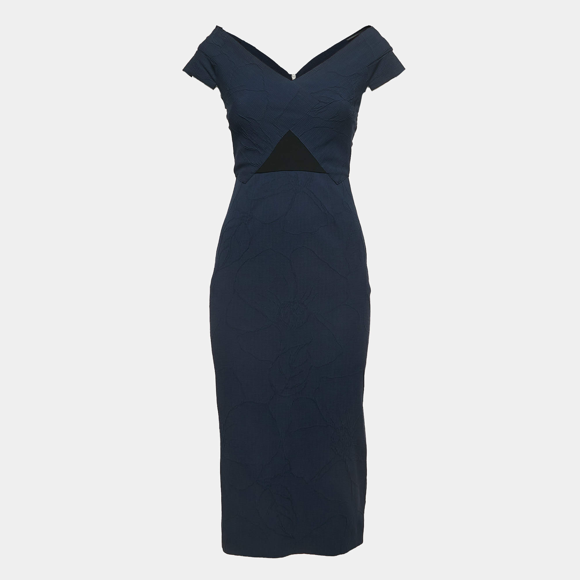 Pre Owned Roland Mouret Navy Blue Jacquard V-Neck Midi Dress S