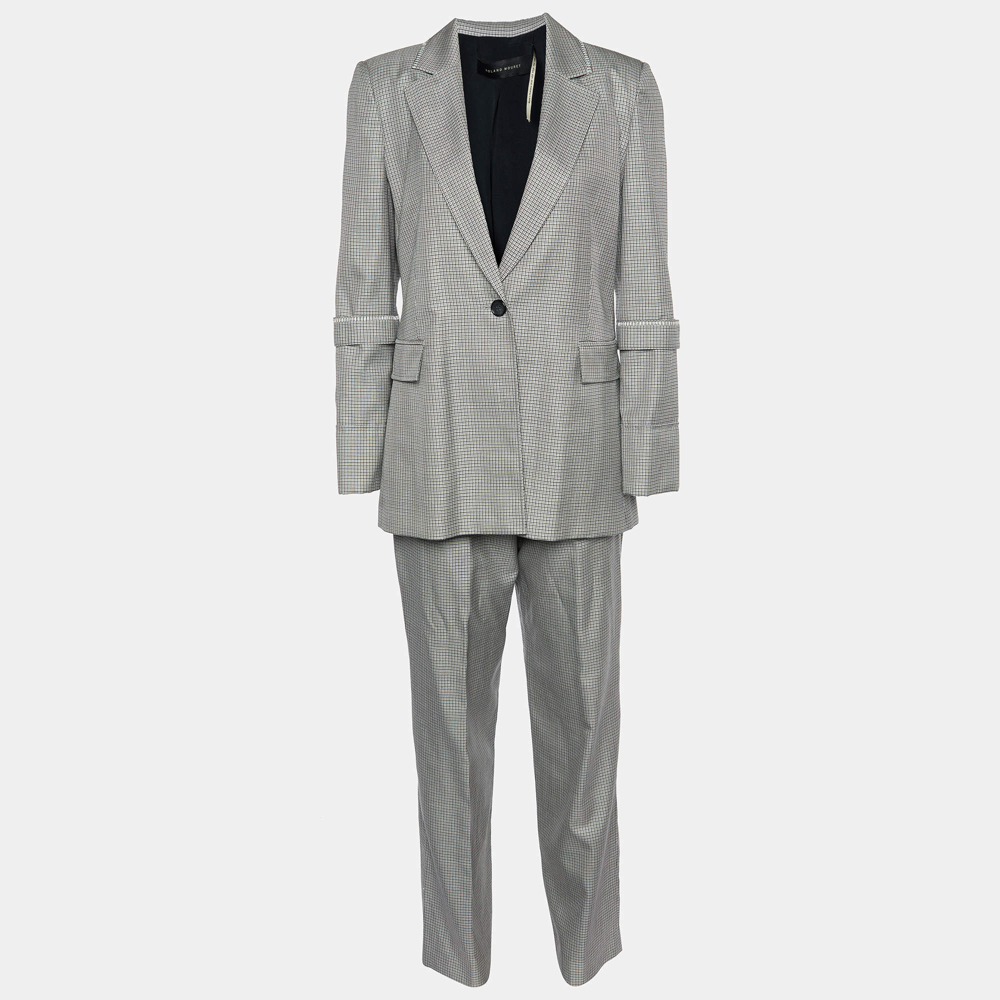 Pre Owned Roland Mouret Grey Houndstooth Wool & Silk Pant Suit M
