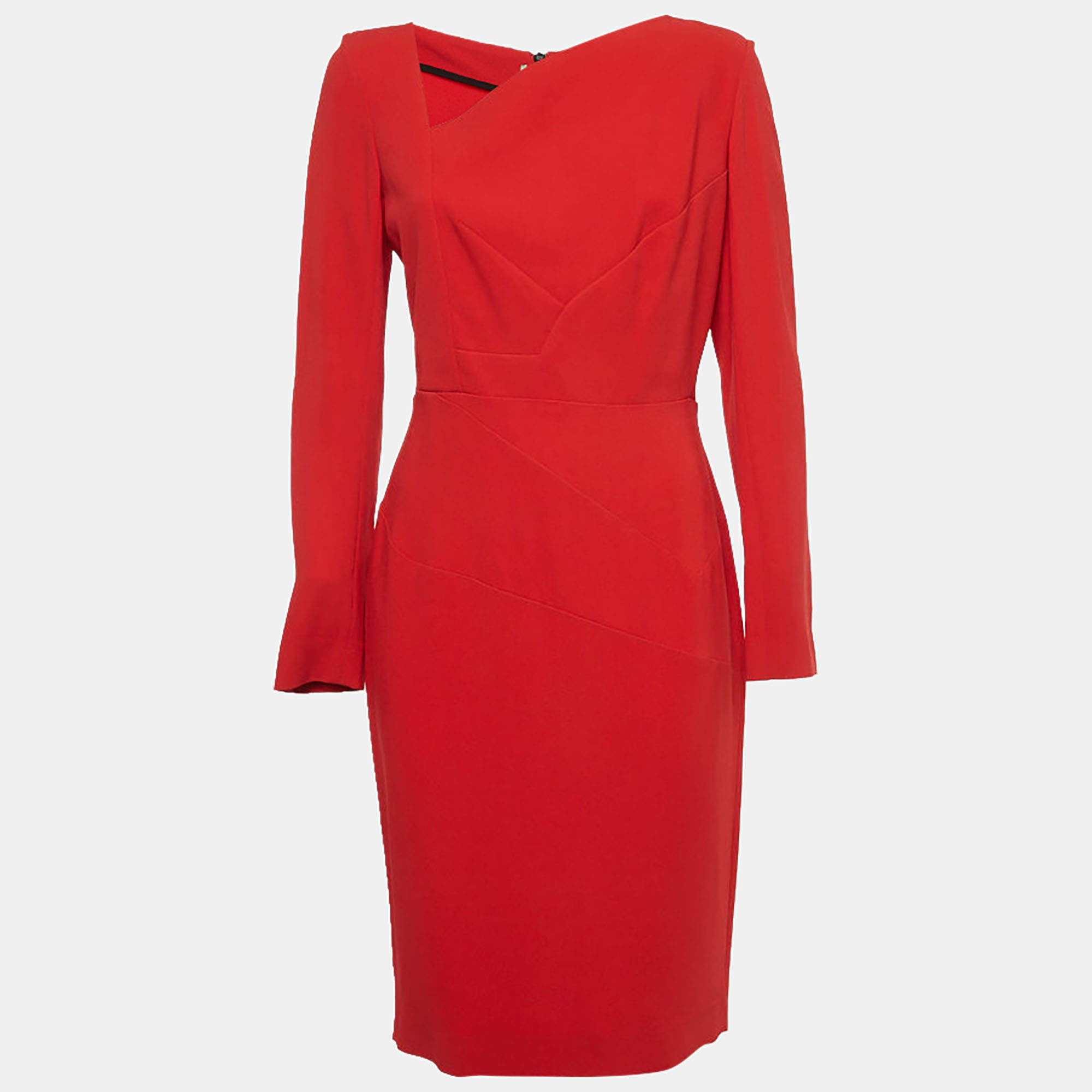 Roland Mouret Red Stretch Crepe Long Sleeve Bitzer Dress L