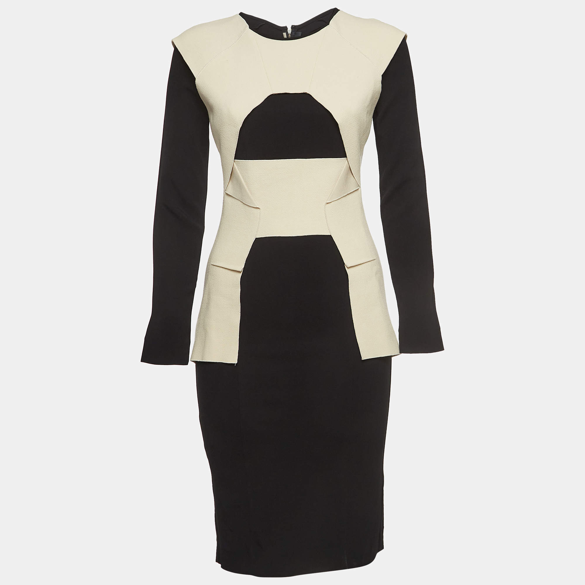 Pre Owned Roland Mouret Black/Beige Wool Trimmed Crepe Paneled Mini Dress M