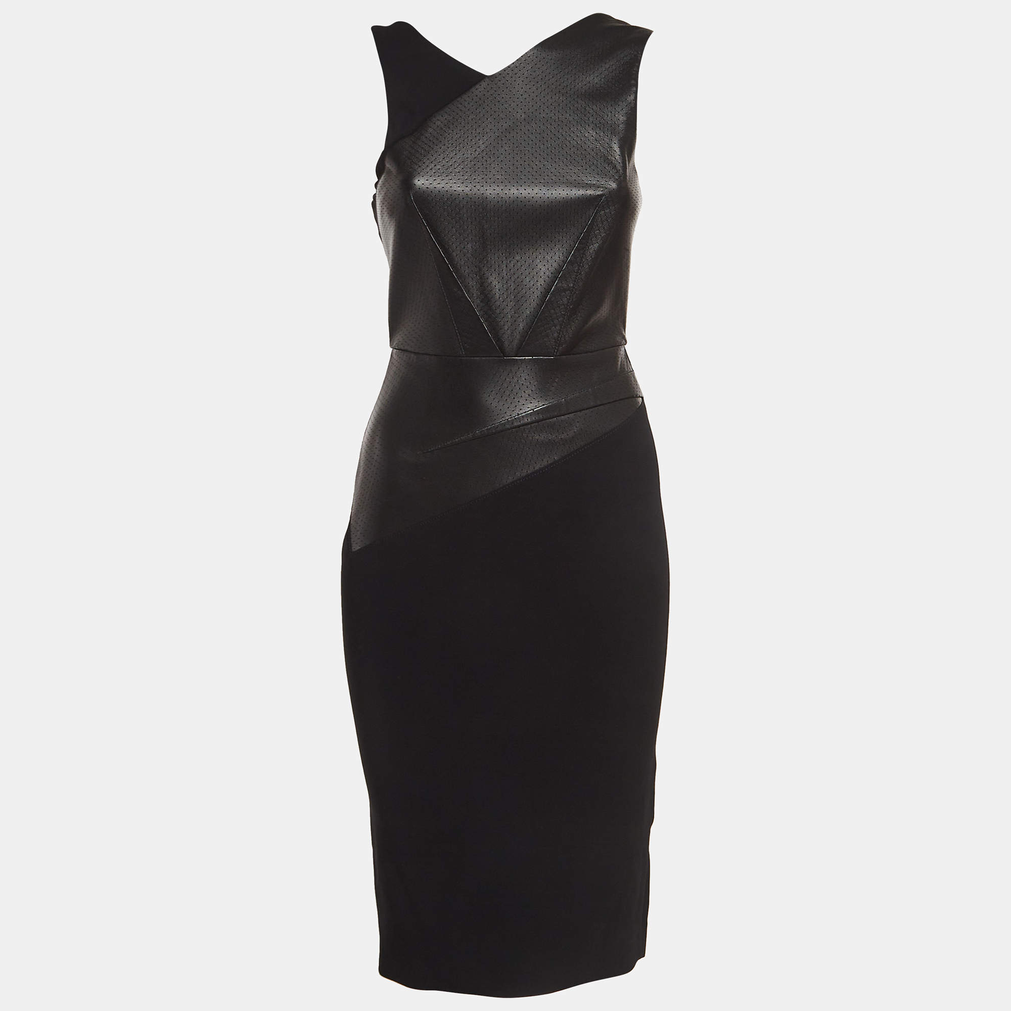 Pre Owned Roland Mouret Black Leather and Crepe Sleeveless Sheath Dress S