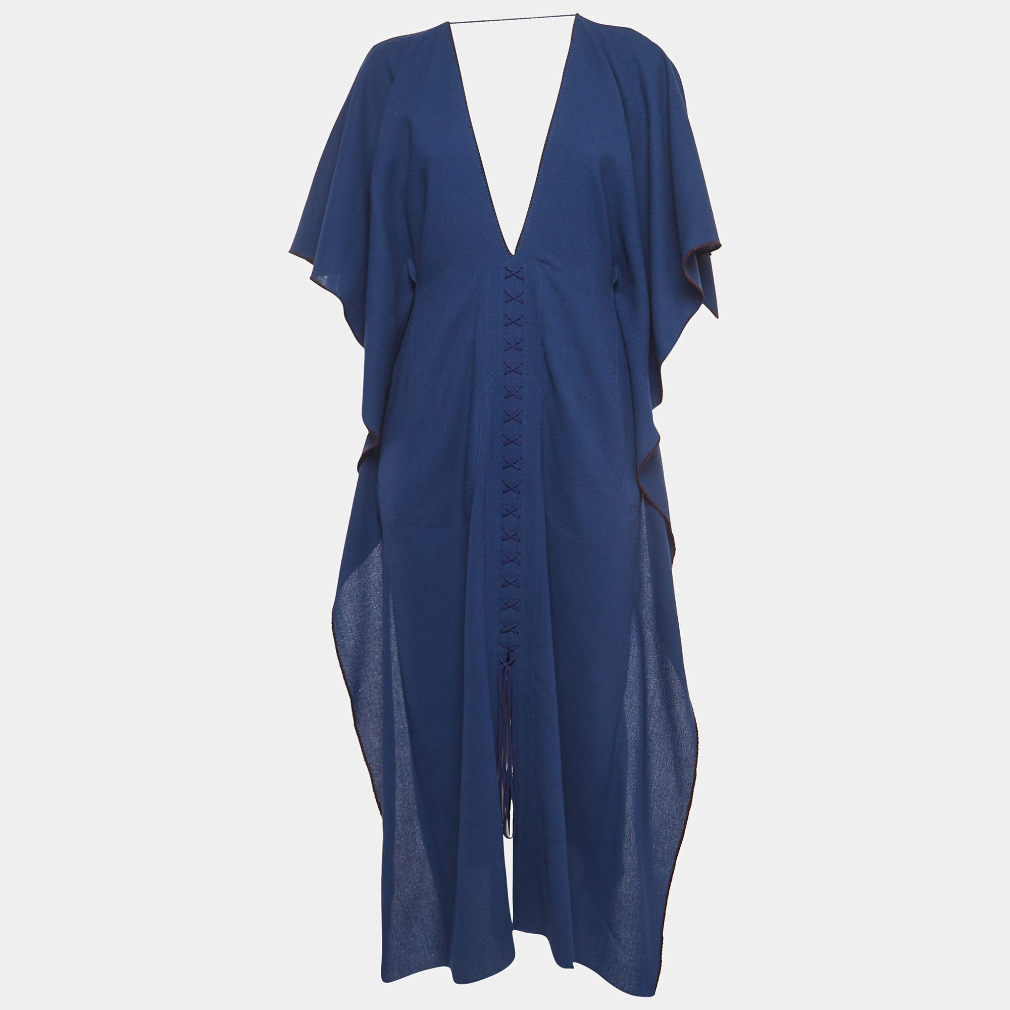 Pre Owned Roland Mouret Blue Wool Lace-Up Detail Midi Kaftan Dress M