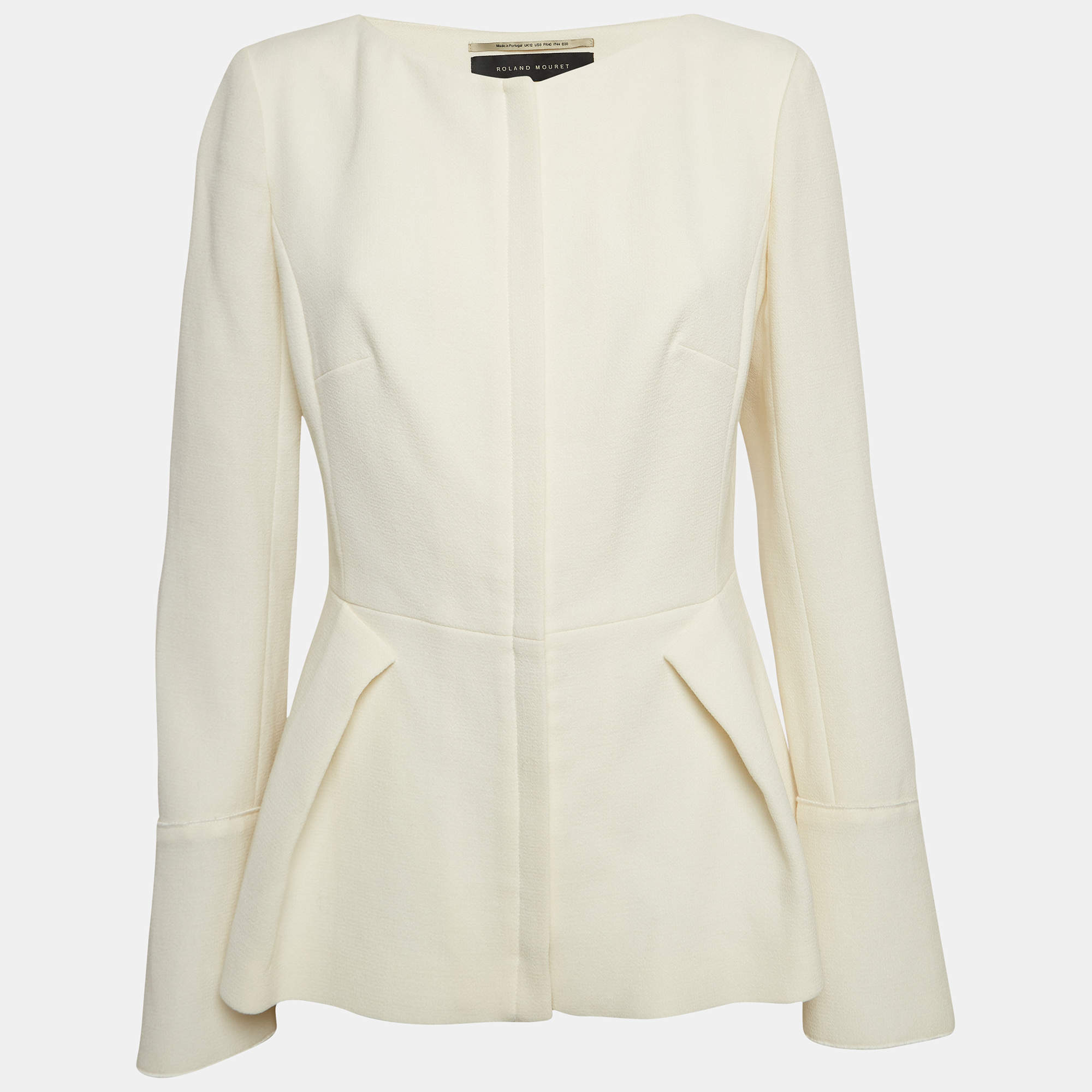  Roland Mouret Cream Wool Zip Front Peplum Top M