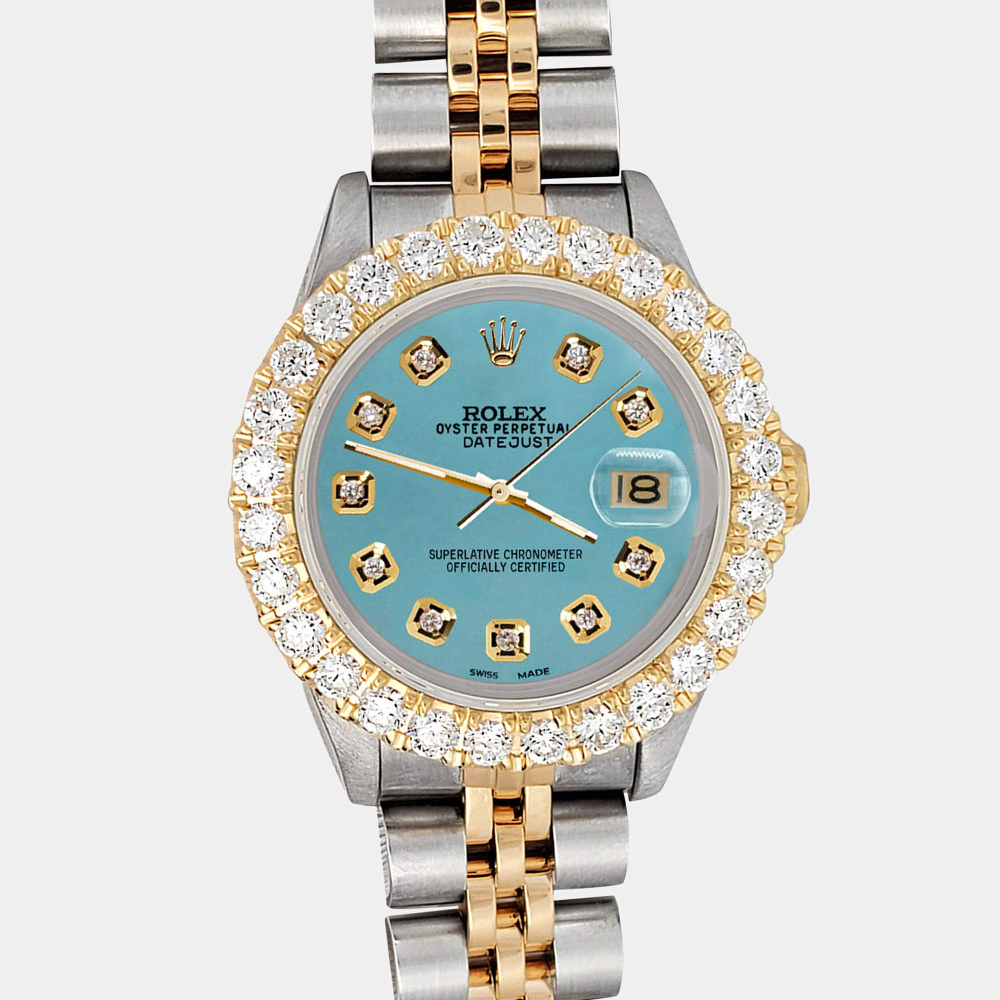 Rolex Custom Turquoise 1.96ct Diamonds 18K Yellow Gold Stainless Steel Datejust  Automatic Women's Wristwatch 26mm