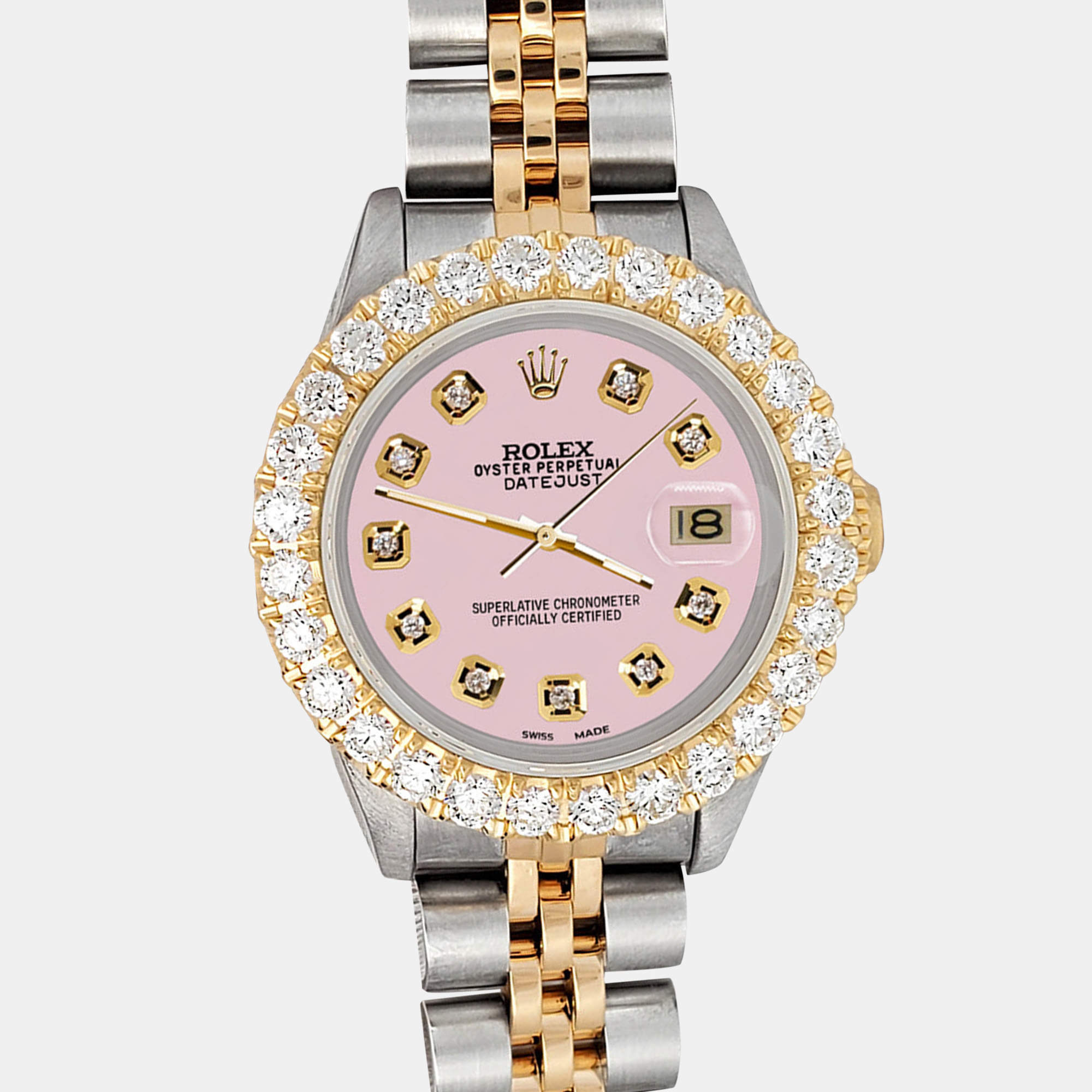 Rolex Custom Ice Pink 1.96ct Diamonds 18K Yellow Gold Stainless Steel Datejust  Automatic Women's Wristwatch 26mm