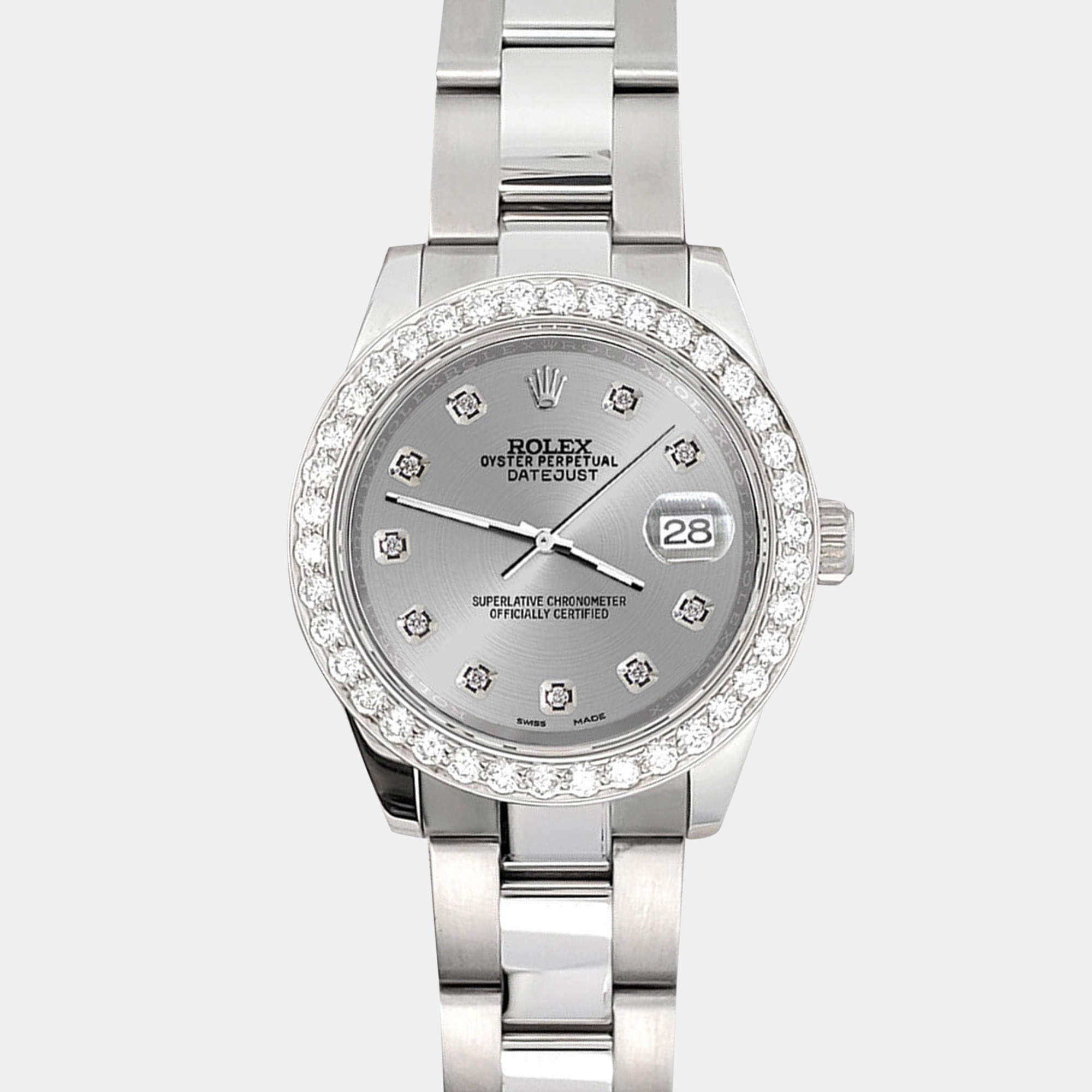 Rolex Custom Silver 1.6ct Diamonds Stainless Steel Datejust 178240 Automatic Women's Wristwatch 31mm