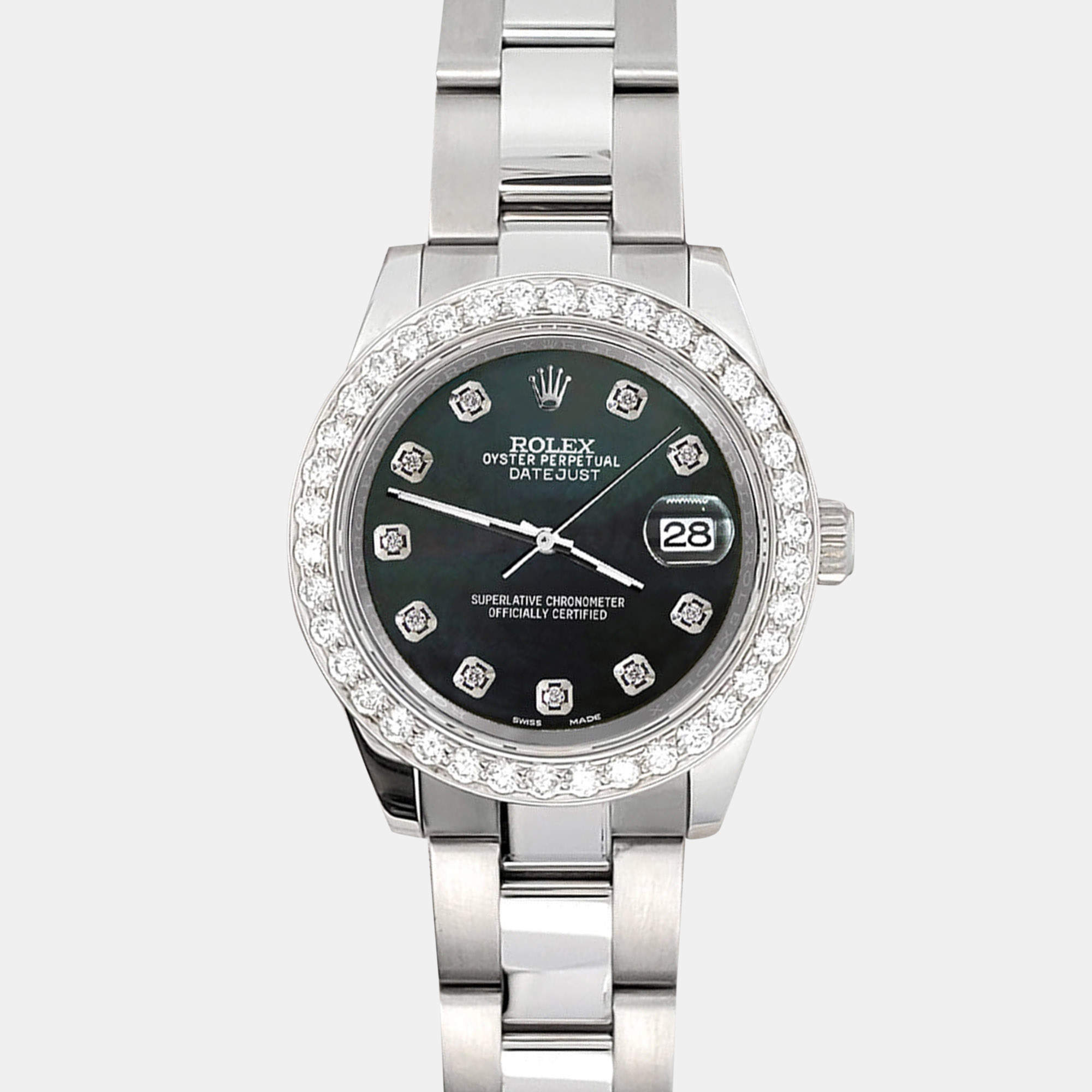 Rolex Custom Black 1.6ct Diamonds Stainless Steel Datejust 178240 Automatic Women's Wristwatch 31mm