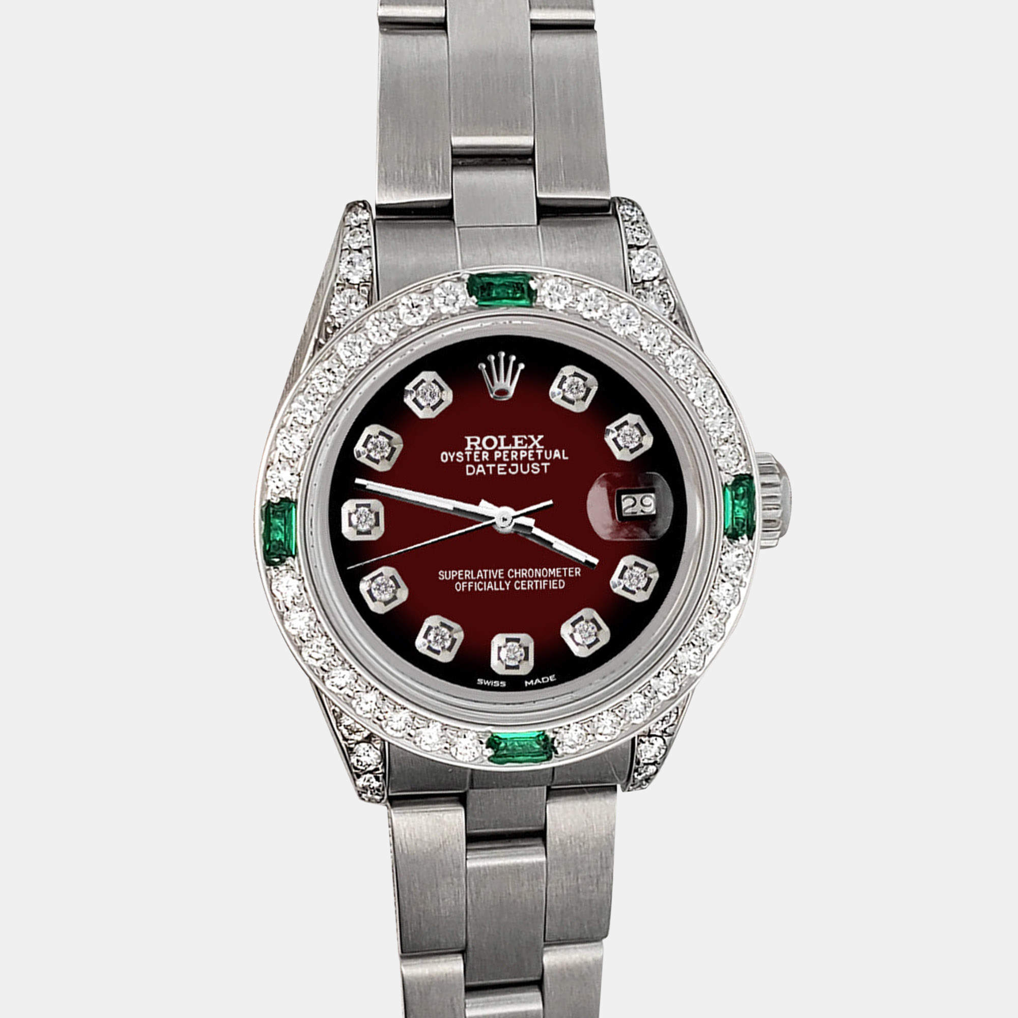 Rolex Custom Maroon Vignette 1.2ct Diamonds Emeralda Stainless Steel Datejust  Automatic Women's Wristwatch 26mm