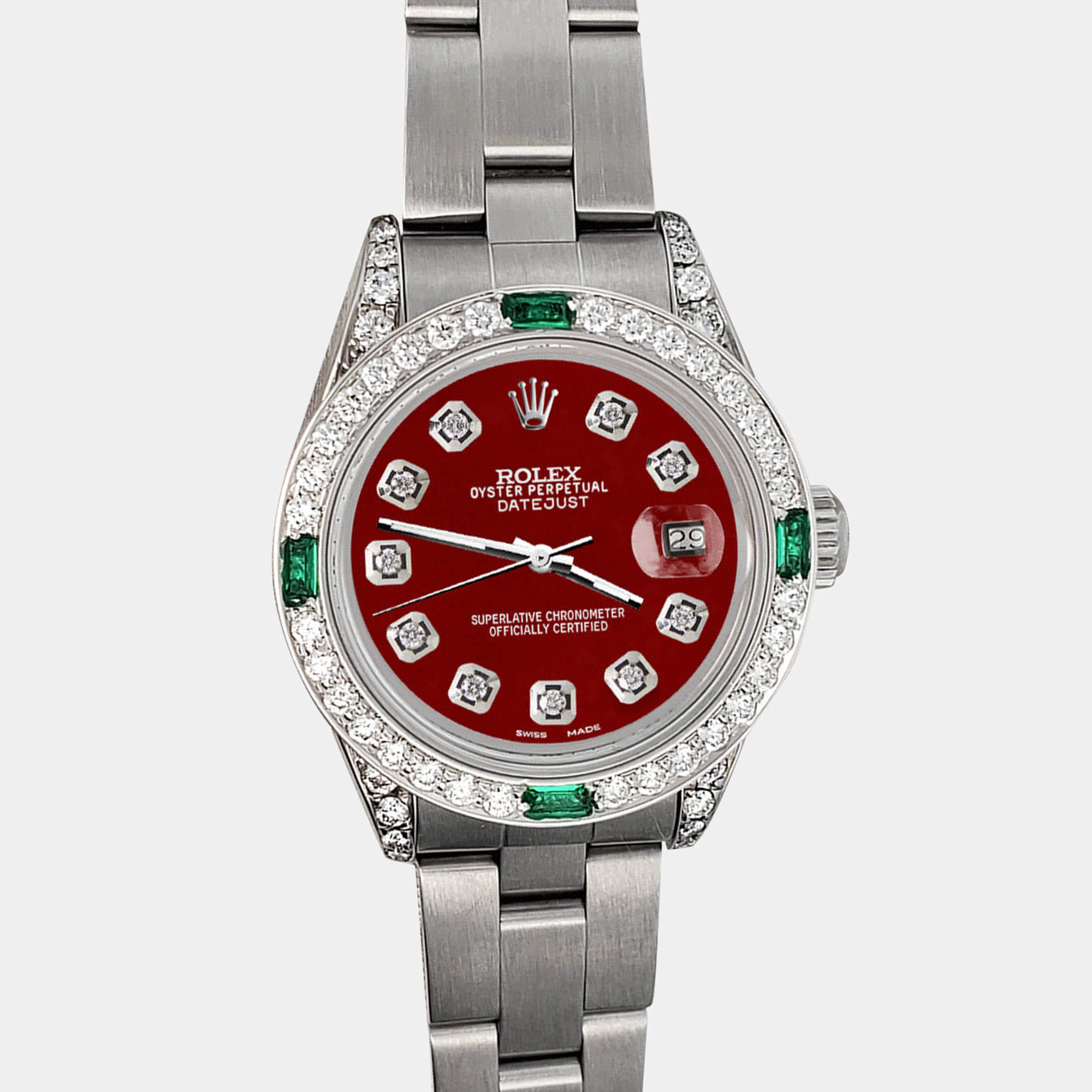 Rolex Custom Imperial Red 1.2ct Diamonds Emeralda Stainless Steel Datejust  Automatic Women's Wristwatch 26mm