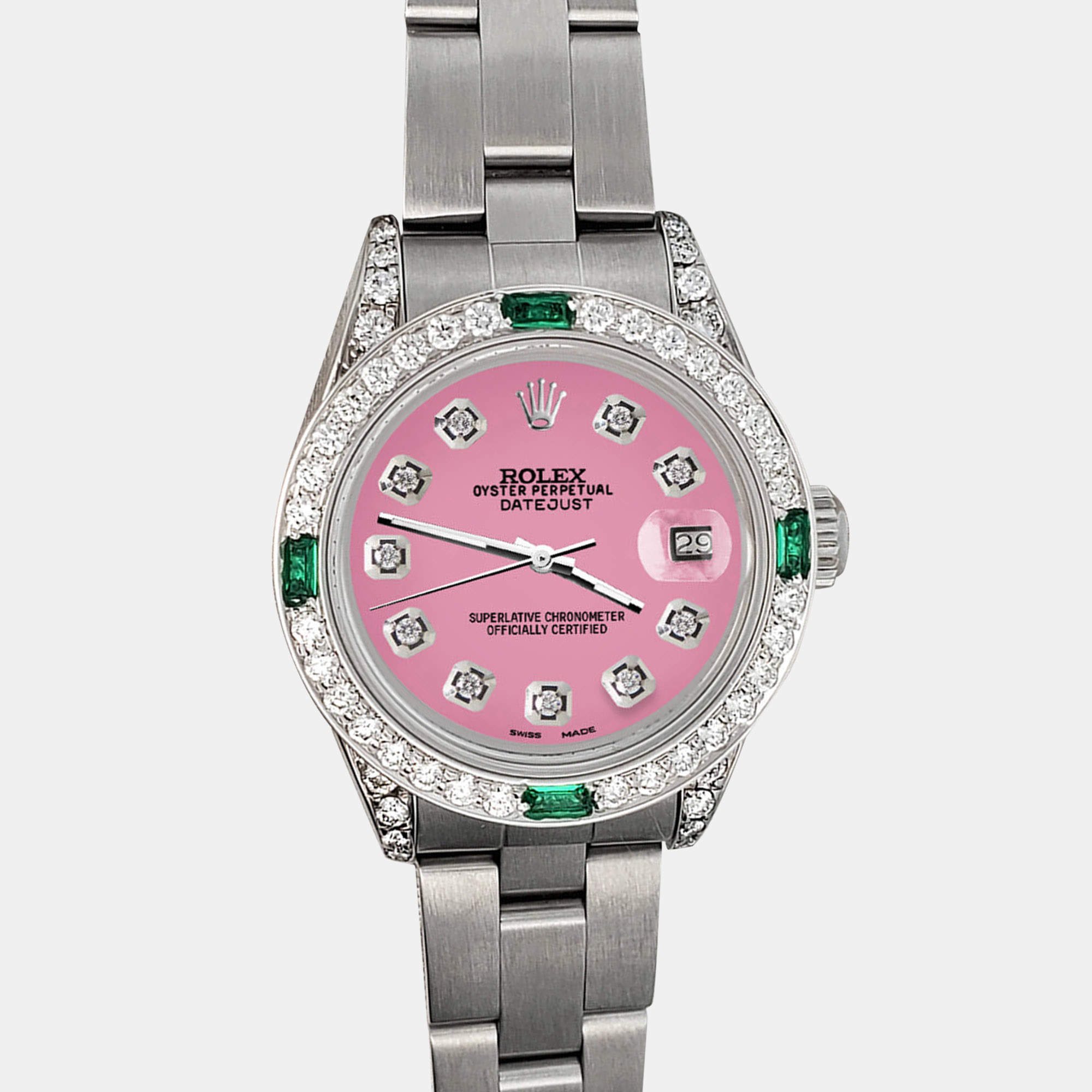 Rolex Custom Hot Pink 1.2ct Diamonds Emeralda Stainless Steel Datejust  Automatic Women's Wristwatch 26mm
