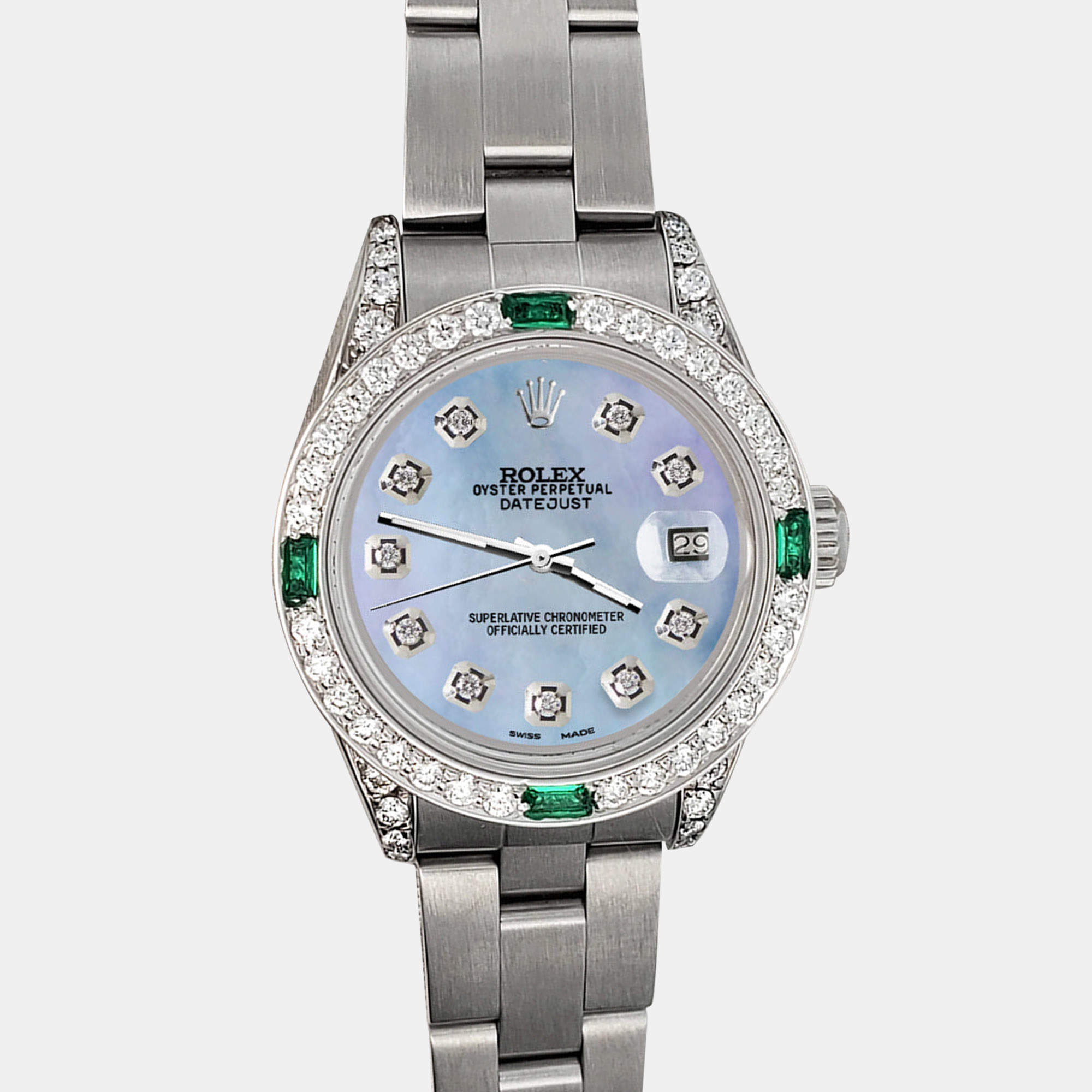 Rolex Custom Sky Blue 1.2ct Diamonds Emeralda Stainless Steel Datejust  Automatic Women's Wristwatch 26mm