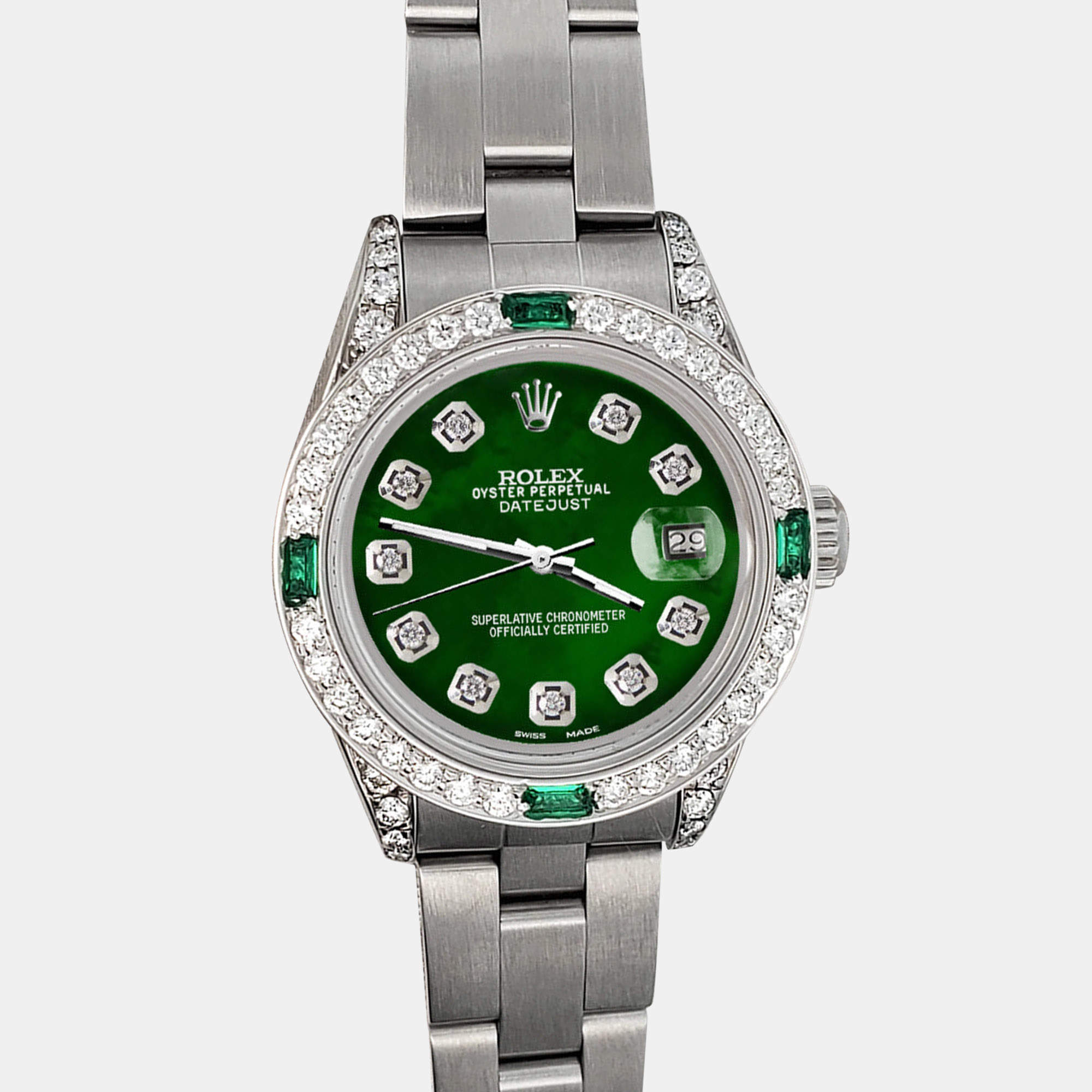 Rolex Custom Green 1.2ct Diamonds Emeralda Stainless Steel Datejust  Automatic Women's Wristwatch 26mm