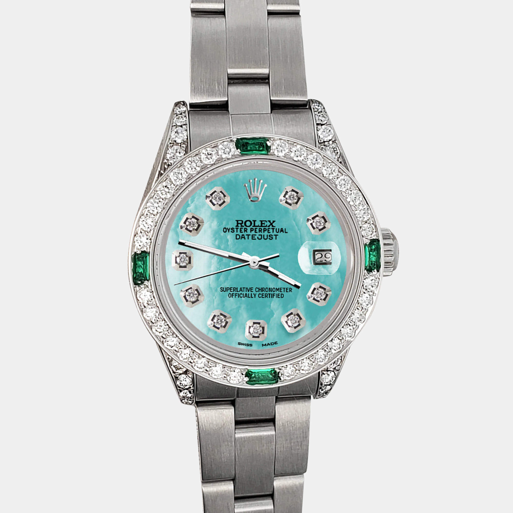 Rolex Custom Aquamarine 1.2ct Diamonds Emeralda Stainless Steel Datejust  Automatic Women's Wristwatch 26mm