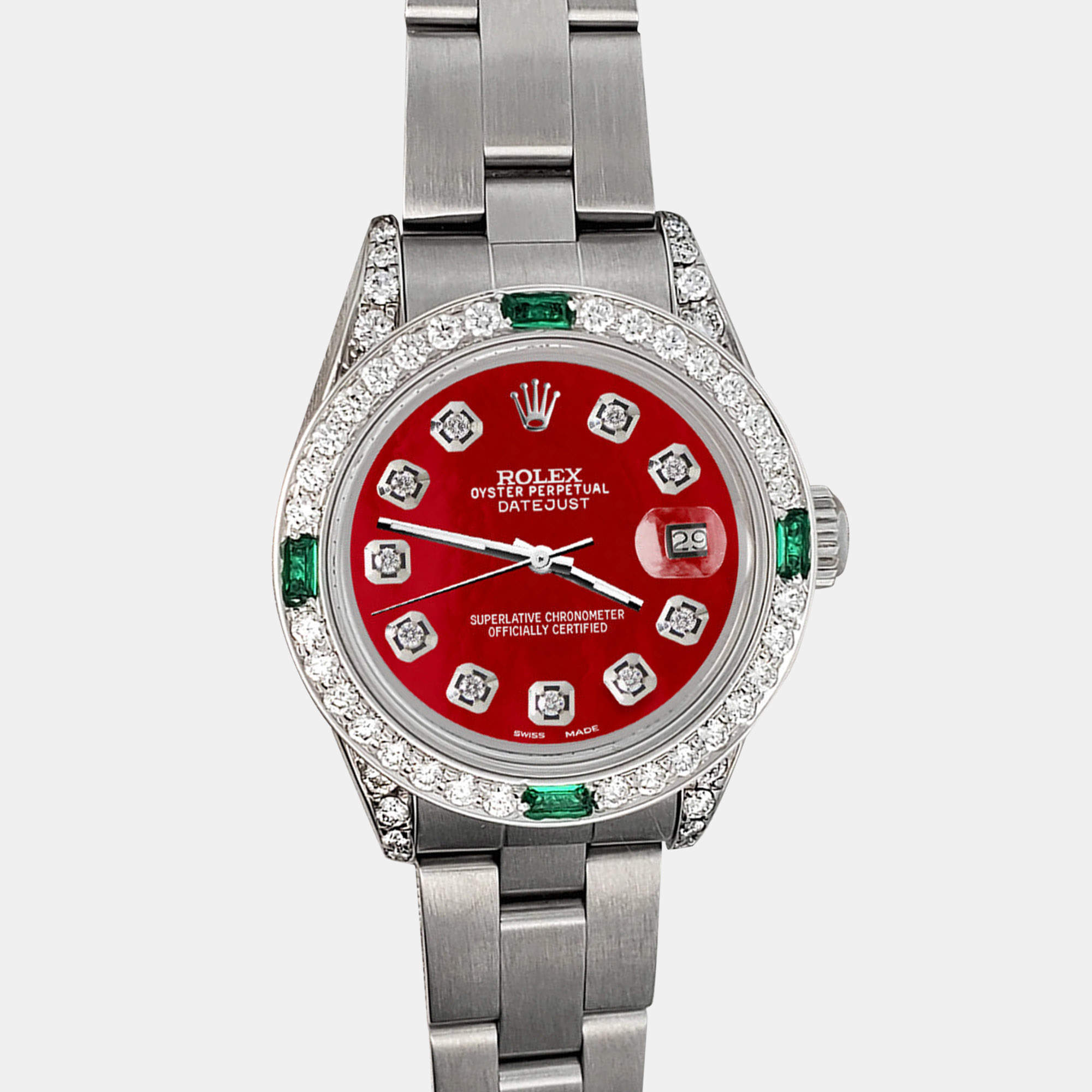 Rolex Custom Red 1.2ct Diamonds Emeralda Stainless Steel Datejust  Automatic Women's Wristwatch 26mm