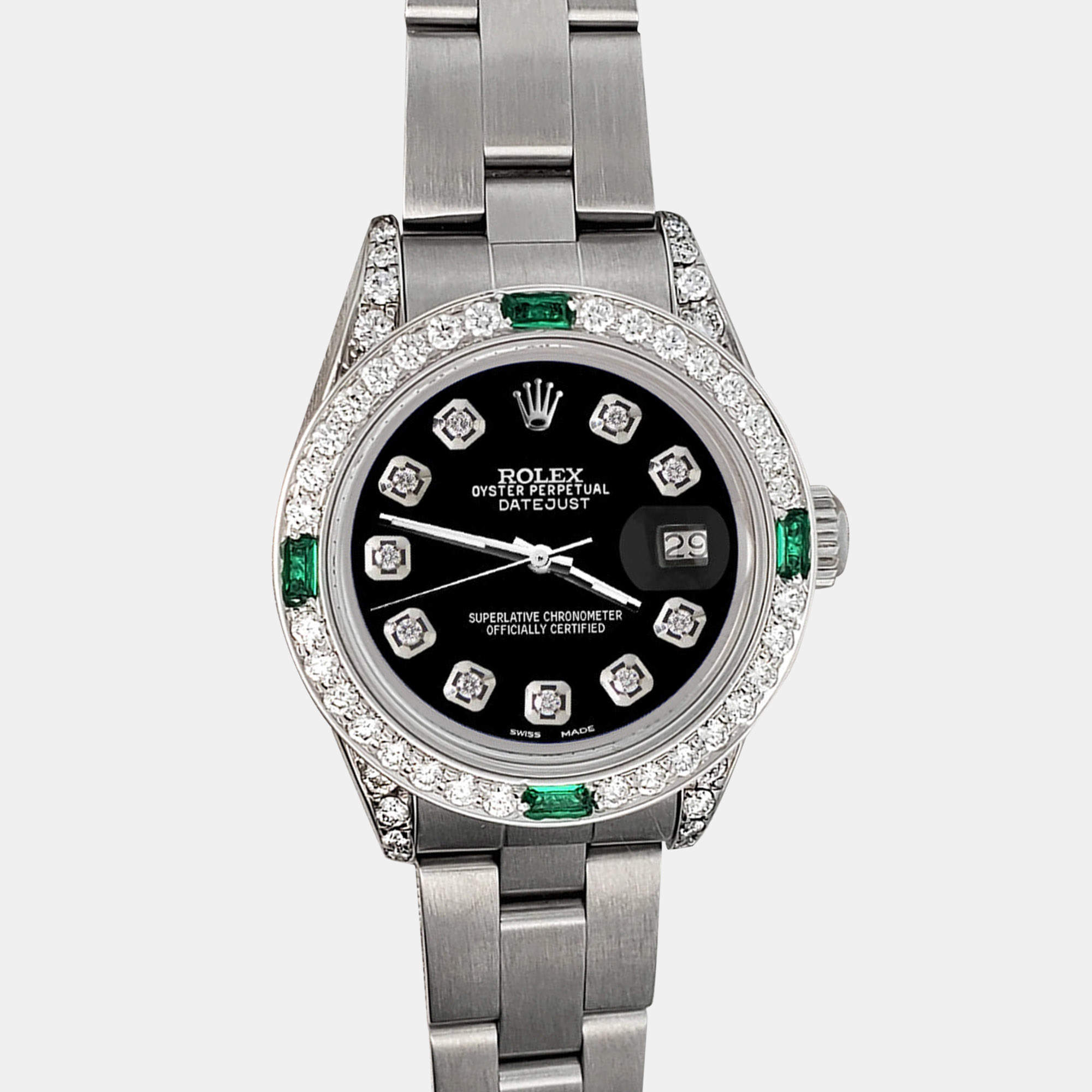 Rolex Custom Black 1.2ct Diamonds Emeralda Stainless Steel Datejust  Automatic Women's Wristwatch 26mm